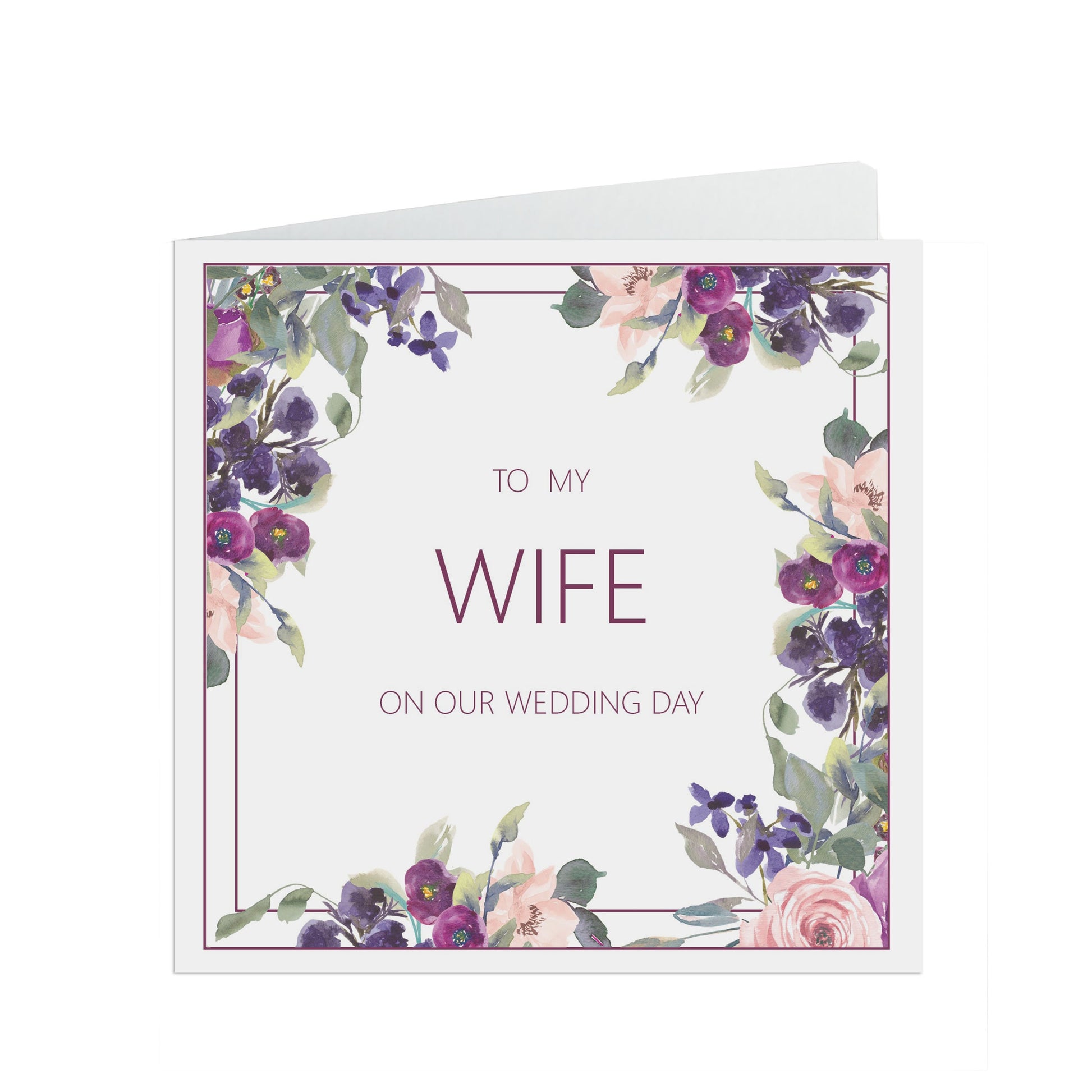 Wife Wedding Day Card, Purple Floral 6x6 Inches With A Kraft Envelope