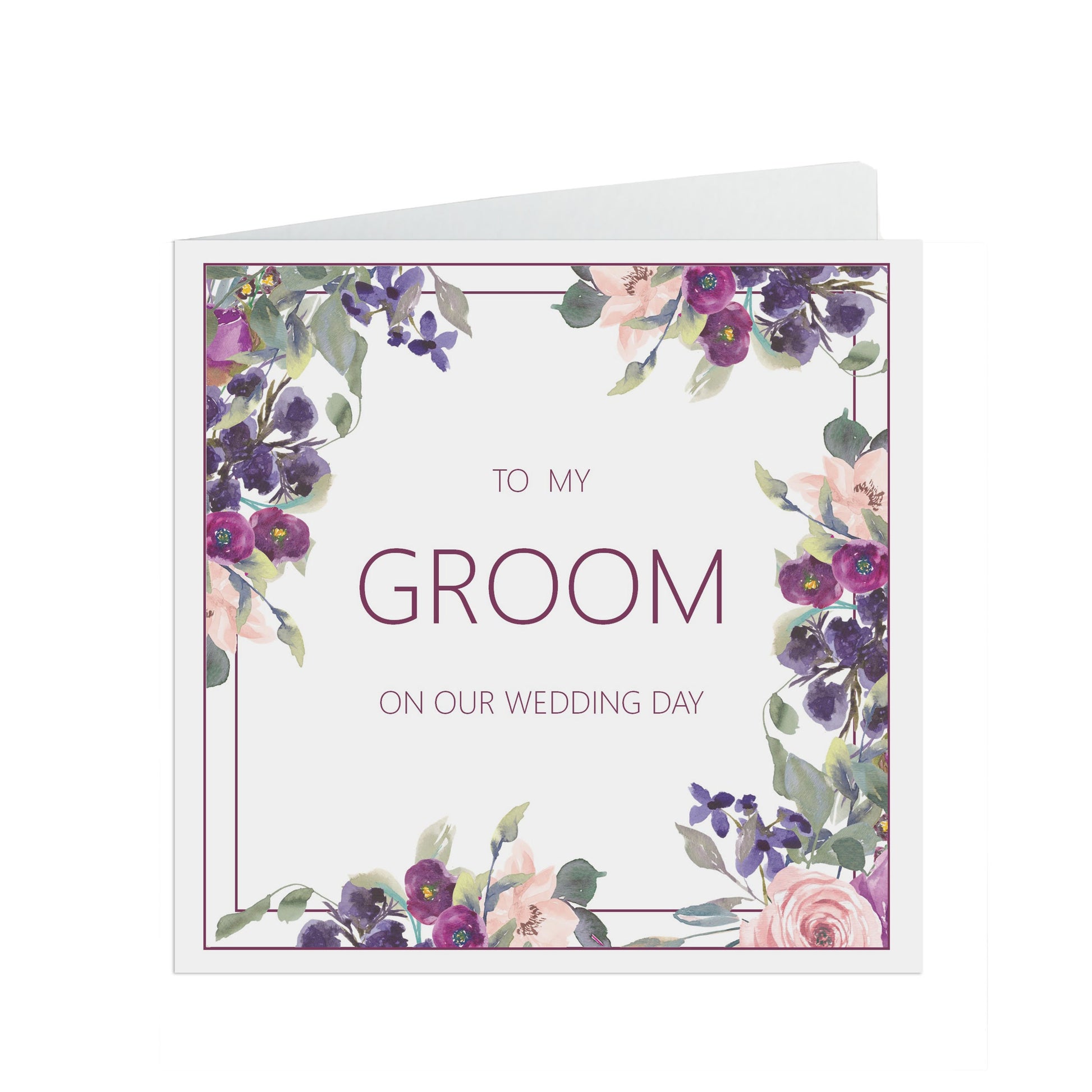 Groom Wedding Day Card, Purple Floral 6x6 Inches In Size With A Kraft Envelope