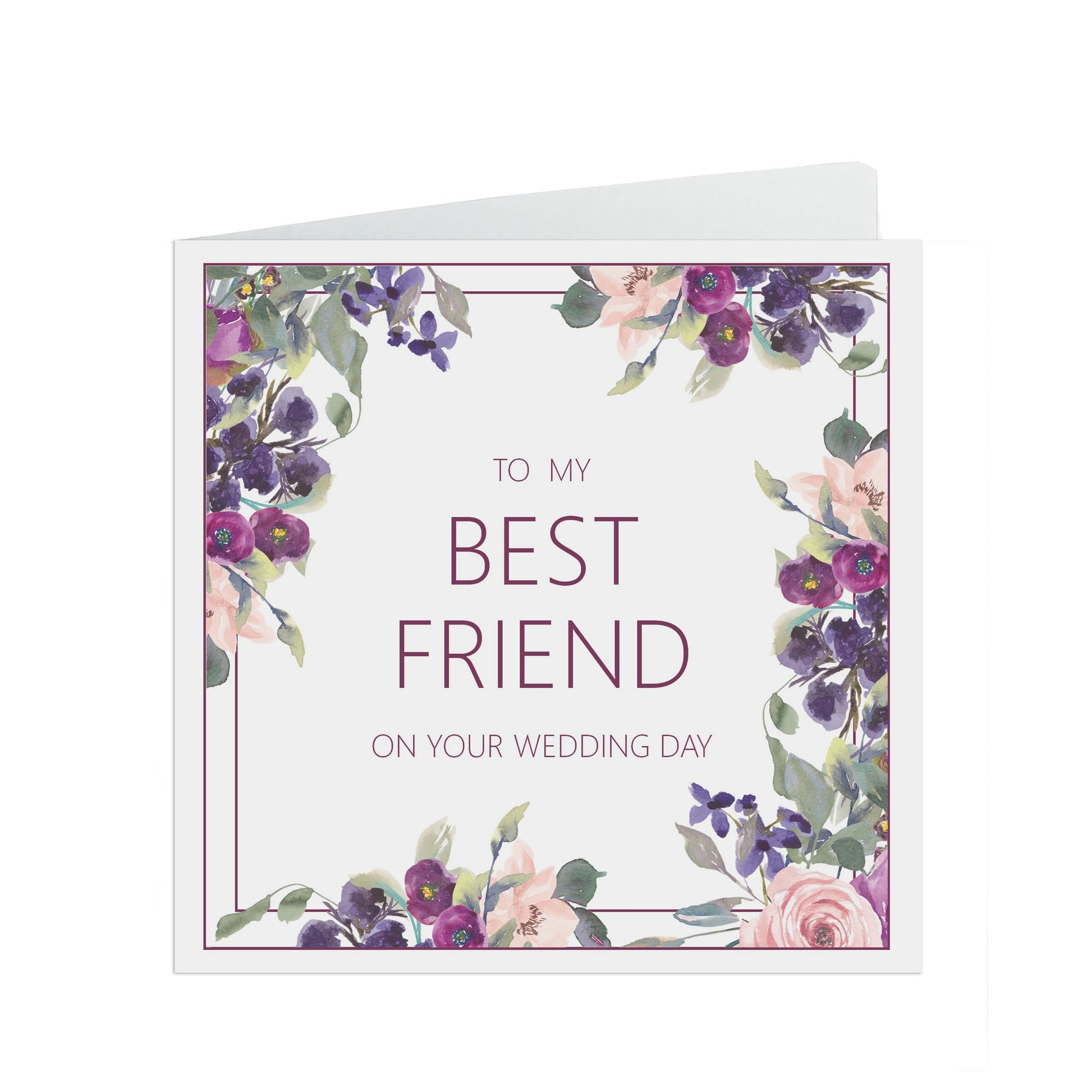 Best Friend Wedding Day Card, Purple Floral 6x6 Inches With A Kraft Envelope