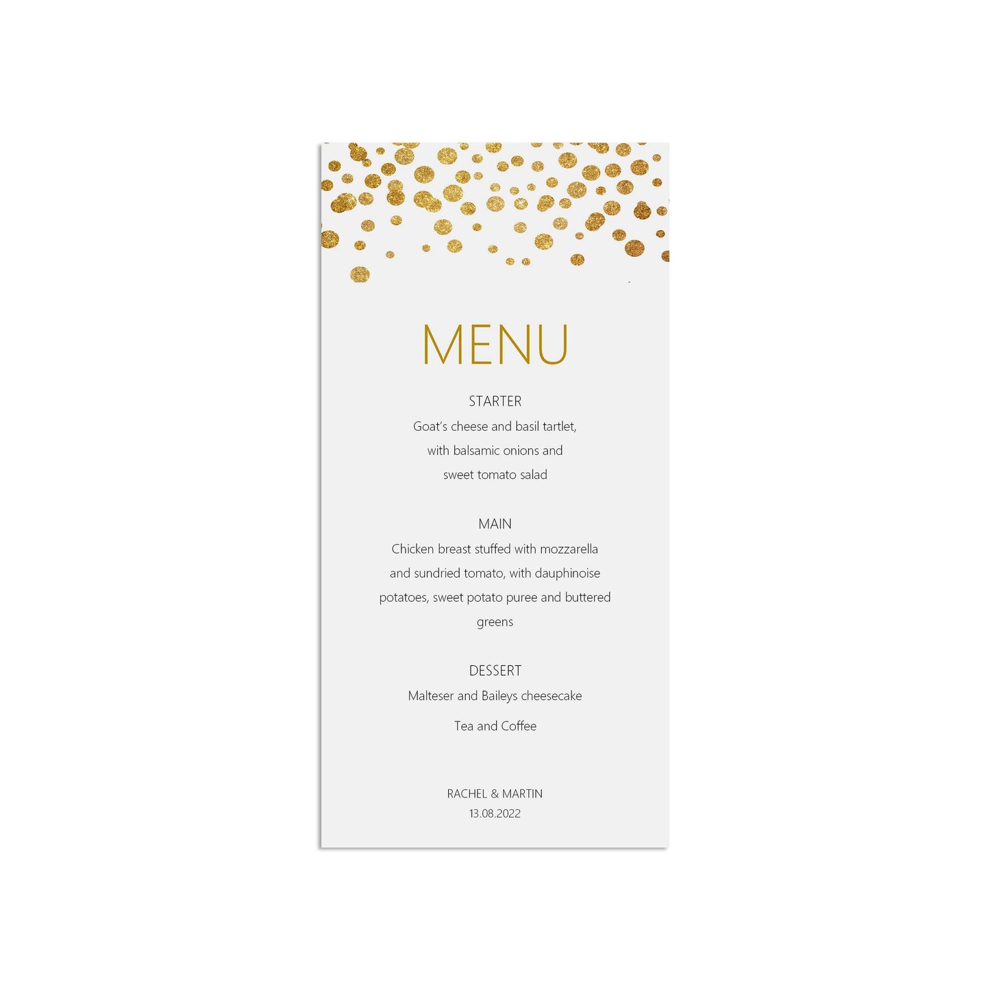 Printed Menu, Personalised Gold Effect Wedding Breakfast Menu Cards