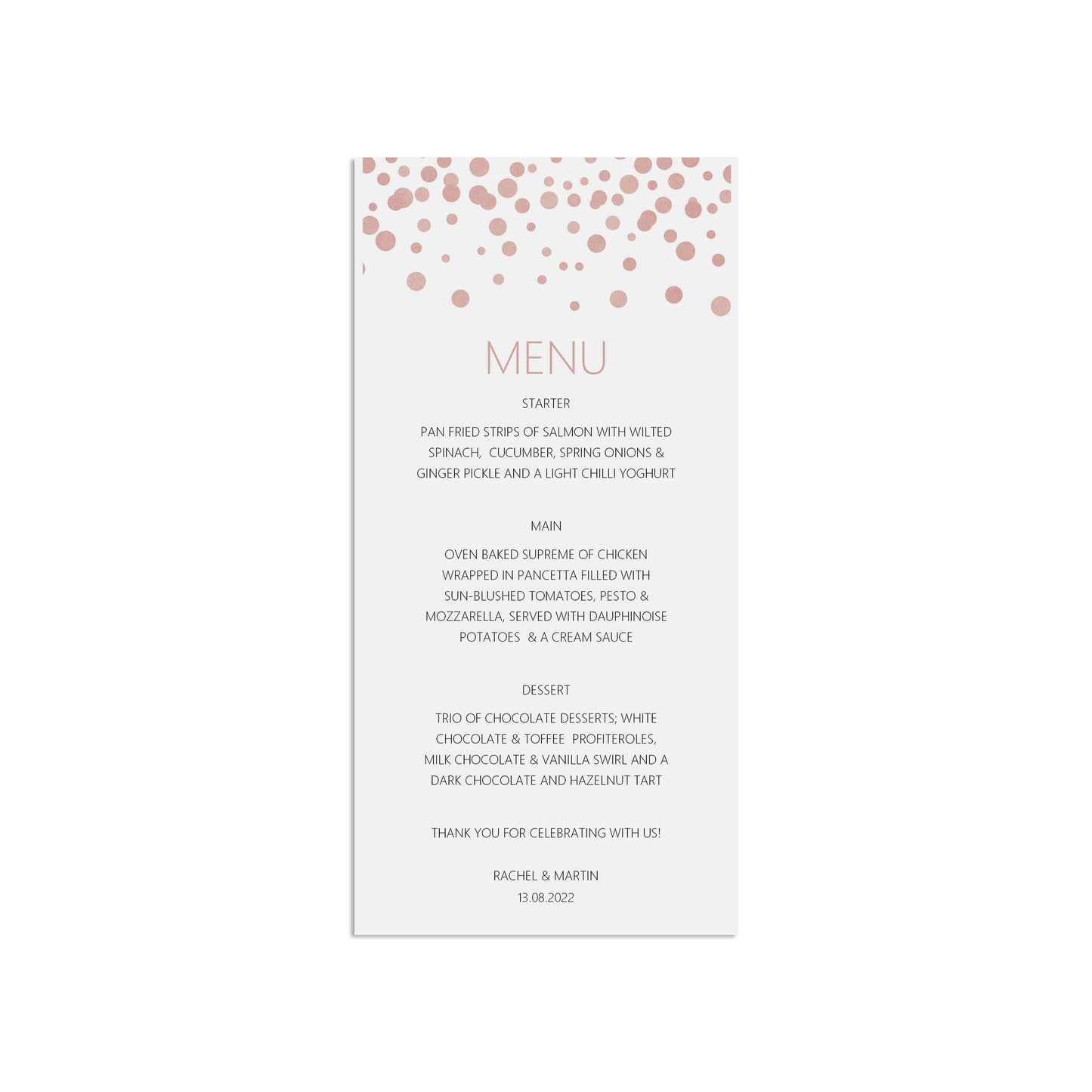 Printed Wedding Menu, Blush Confetti Menu Cards