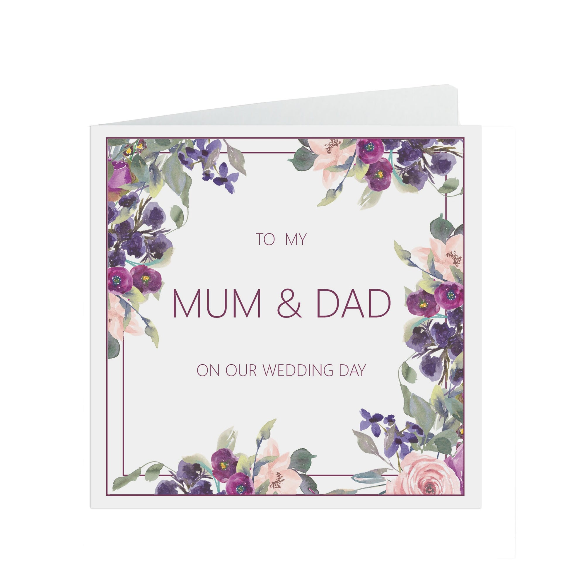 Mum & Dad Wedding Day Card, Purple Floral 6x6 Inches With A Kraft Envelope