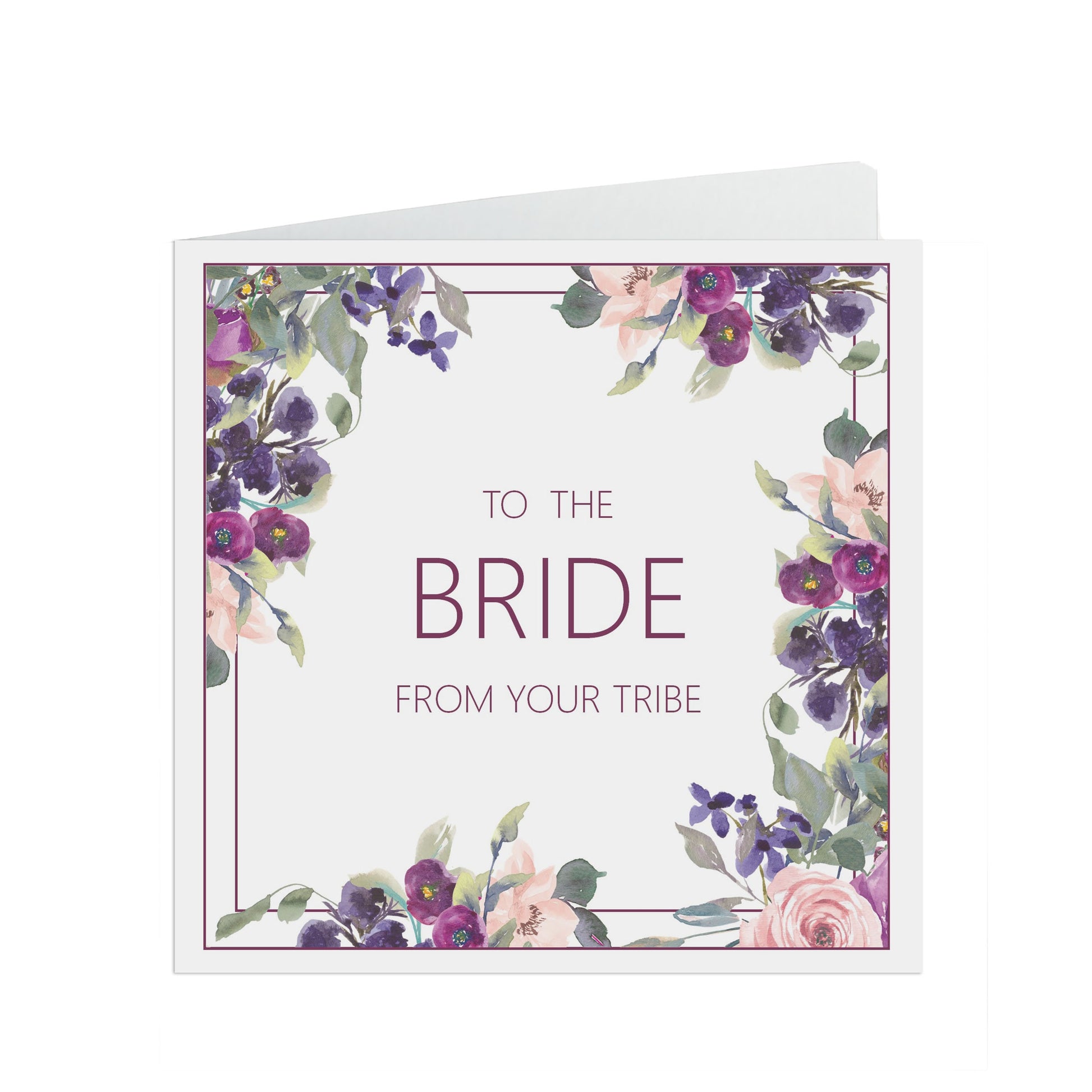 Bride From Your Bride Tribe Wedding Day Card, Purple Floral 6x6 Inches With A Kraft Envelope