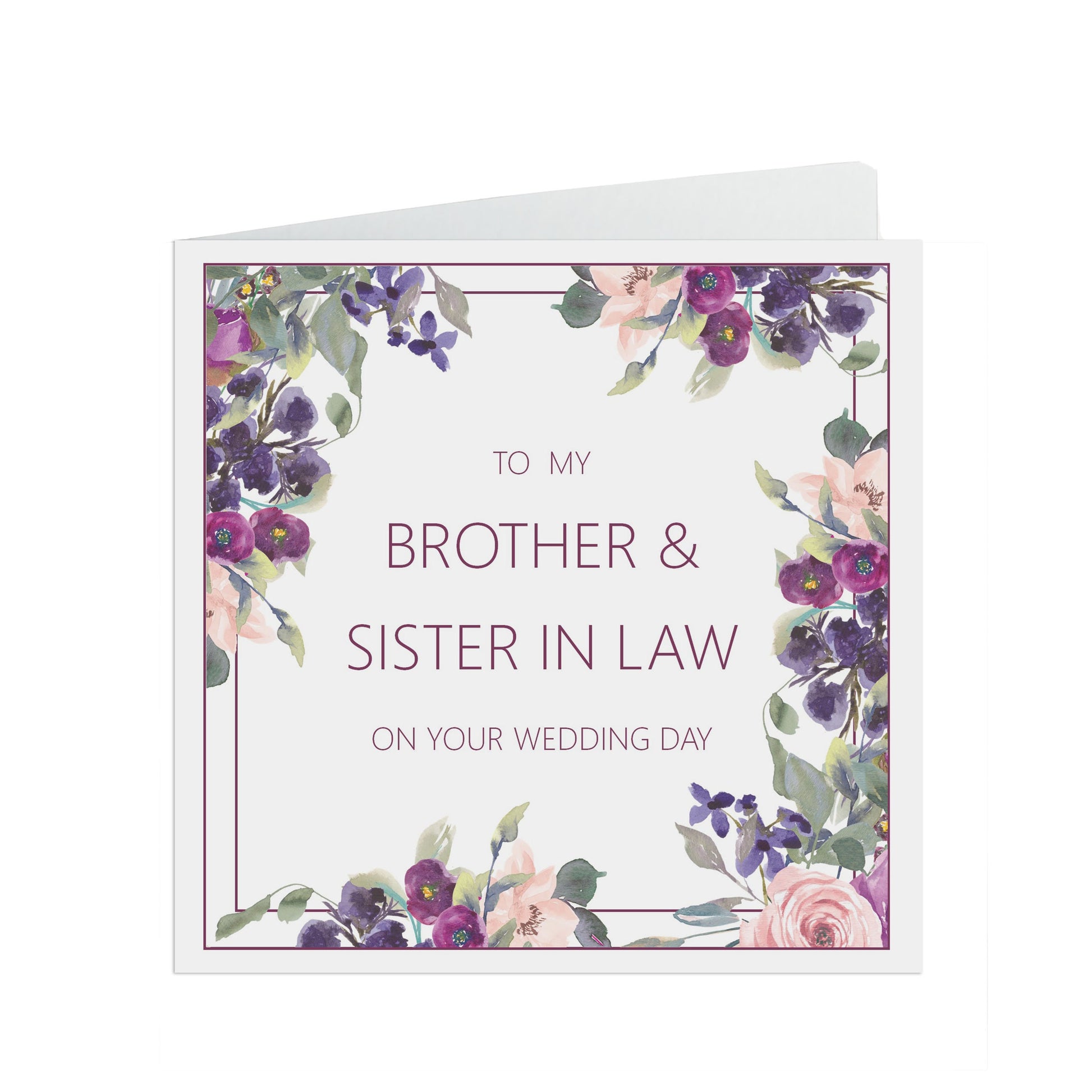 Brother & Sister In Law Wedding Day Card, Purple Floral 6x6 Inches With A Kraft Envelope