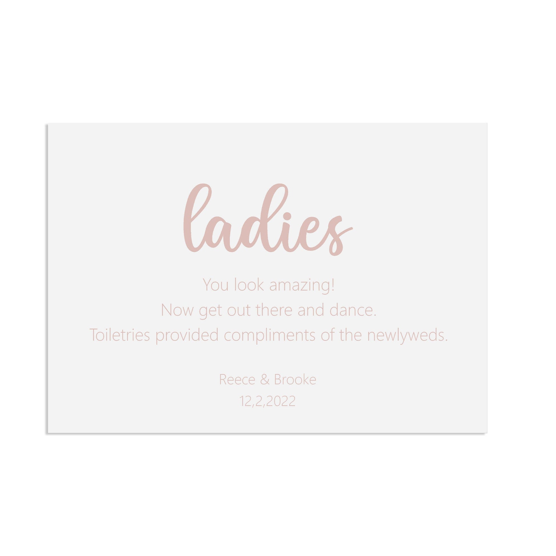 Ladies Bathroom Rose Gold Effect Wedding Sign, Personalised A5, A4, Or A3