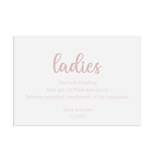 Ladies Bathroom Rose Gold Effect Wedding Sign, Personalised A5, A4, Or A3