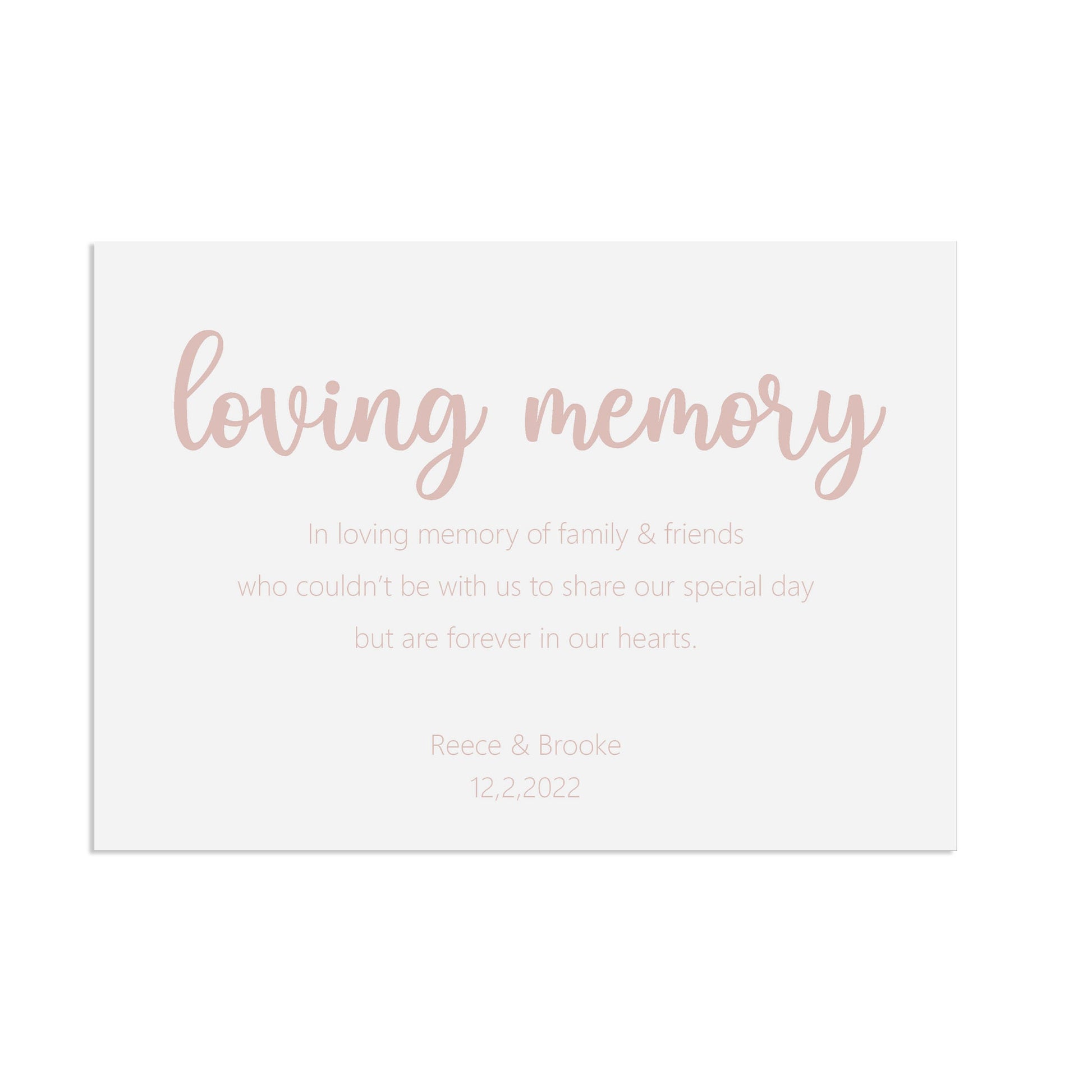 Loving Memory, Remembrance Rose Gold Effect Wedding Sign, Personalised A5, A4, Or A3