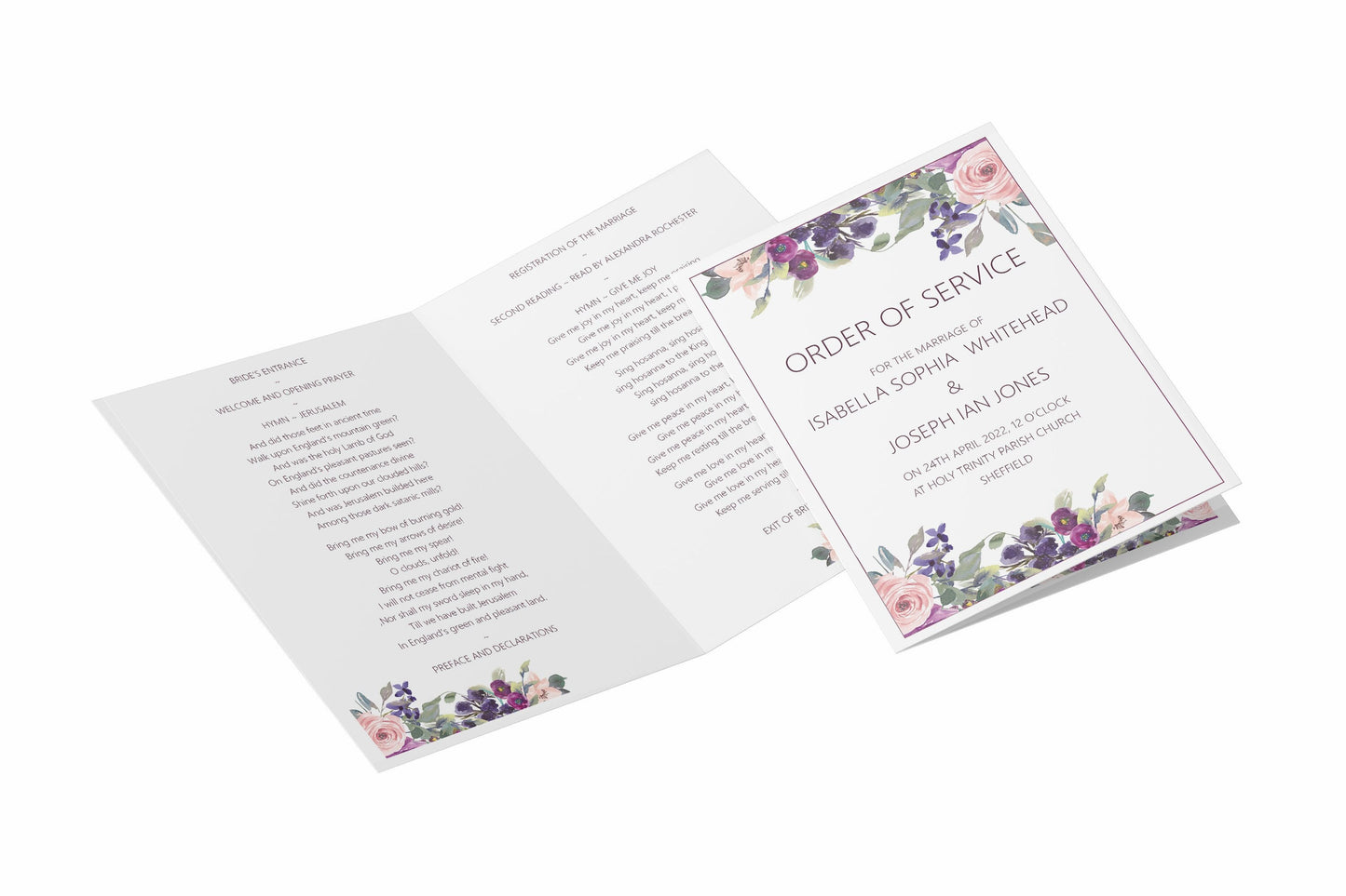 Order Of Service 4, 8 Or 12 Page Booklet, Purple Floral A5 Fully Printed For Marriage Service