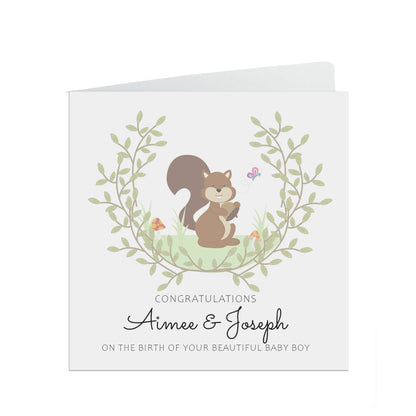 New Baby Boy Woodland Squirrel Personalised Congratulations Card - PMPrinted