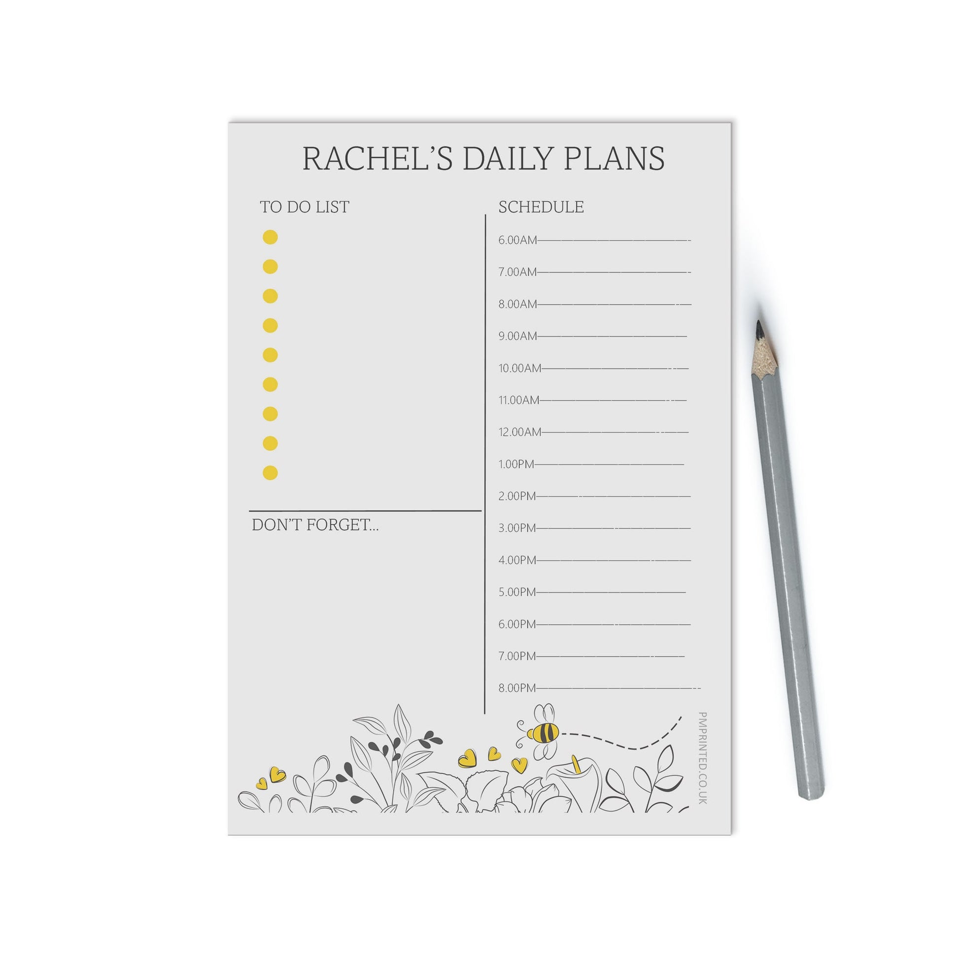 Personalised Planner, Daily Schedule, A5 with 50 undated tear off pages, Floral Bee Productivity Organiser - PMPrinted