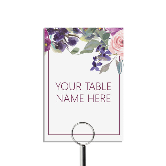 Table Name Cards, Purple Floral Custom Wording, 5x7 Inches