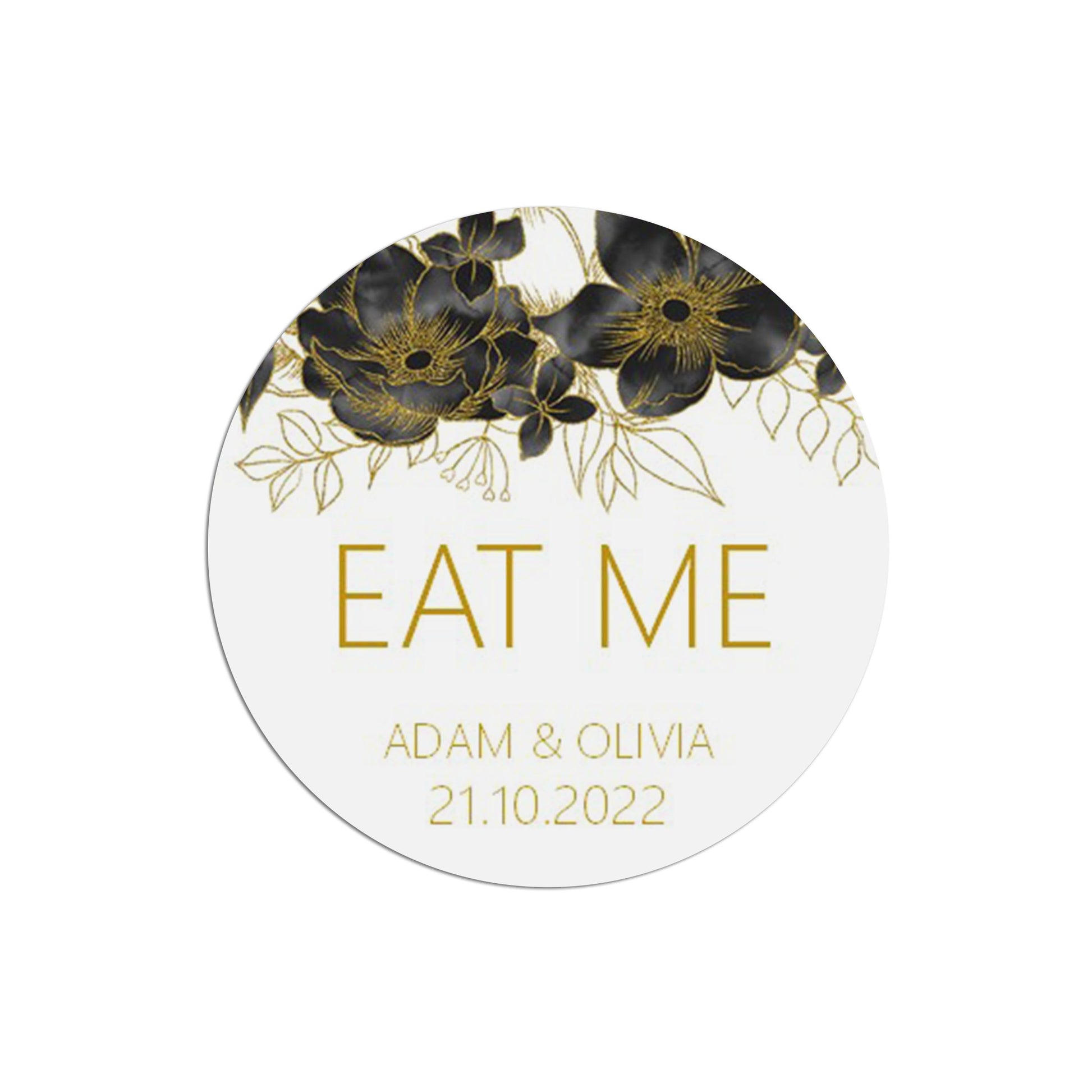 Eat Me Black & Gold Stickers 37mm Round x 35 Personalised Stickers Per Sheet