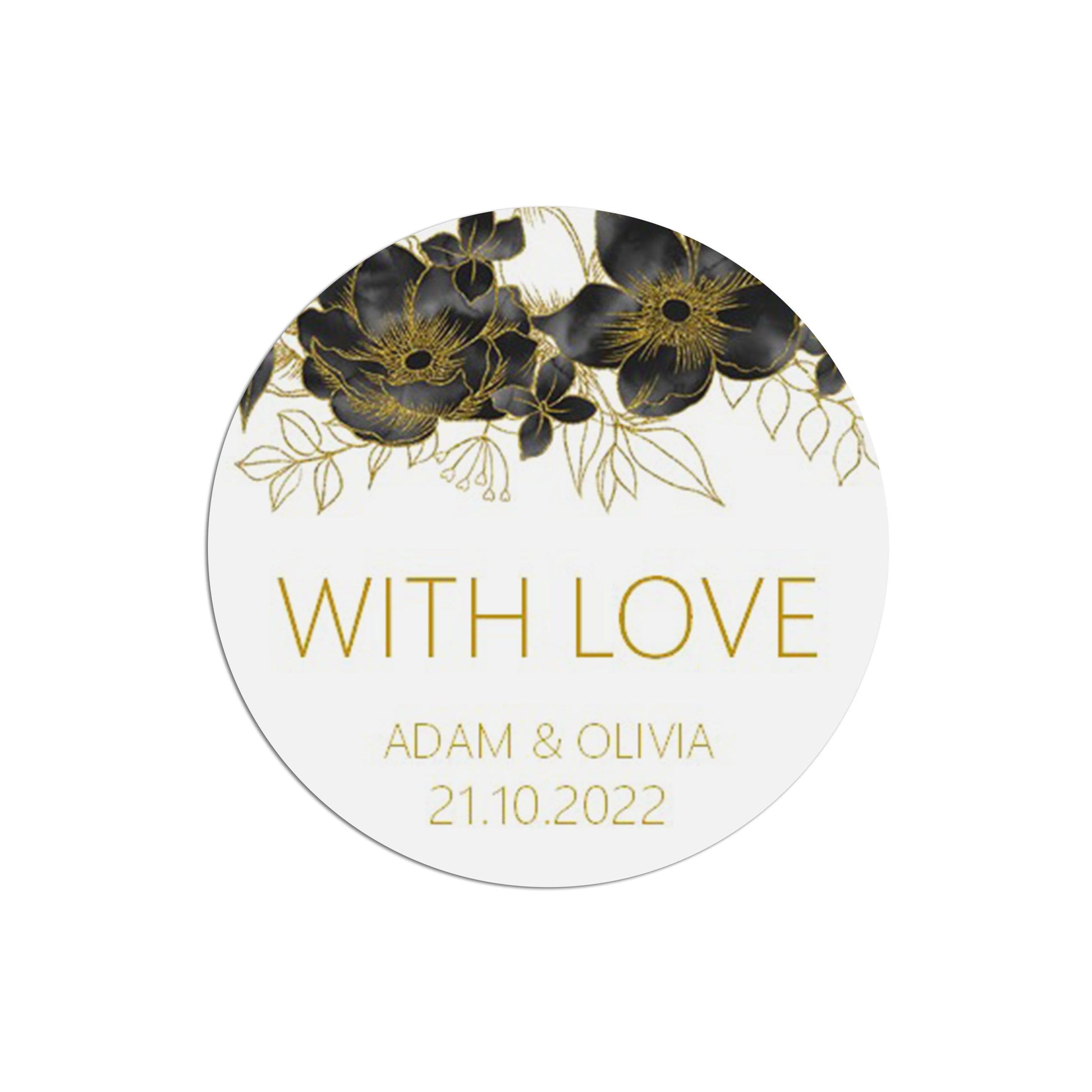 Black & Gold With Love Stickers 37mm Round x 35 Personalised Stickers Per Sheet