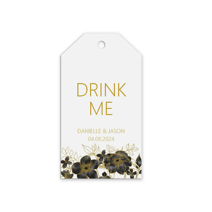 Drink Me Favour Gift Tags, Black and Gold Personalised Pack Of 10