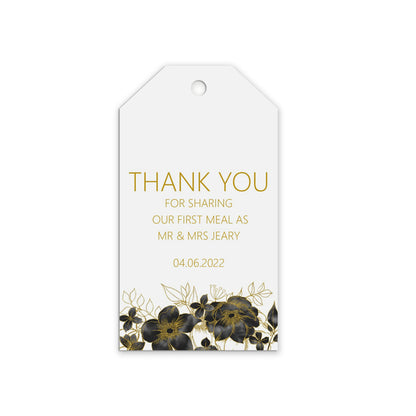 Thank You For Sharing Our First Meal, Black and Gold Cutlery Gift Tags, Personalised Pack Of 10