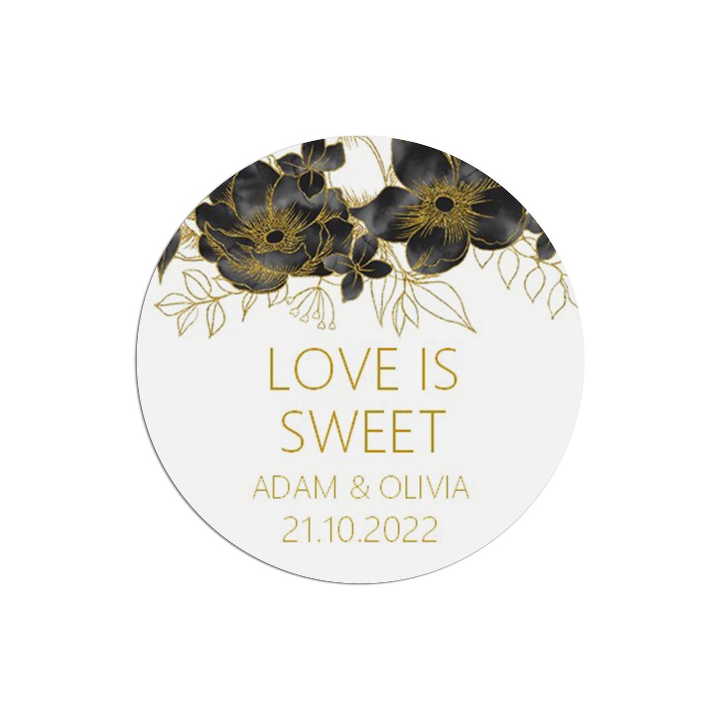 Love Is Sweet Black & Gold Stickers 37mm Round x 35 Personalised Stickers Per Sheet