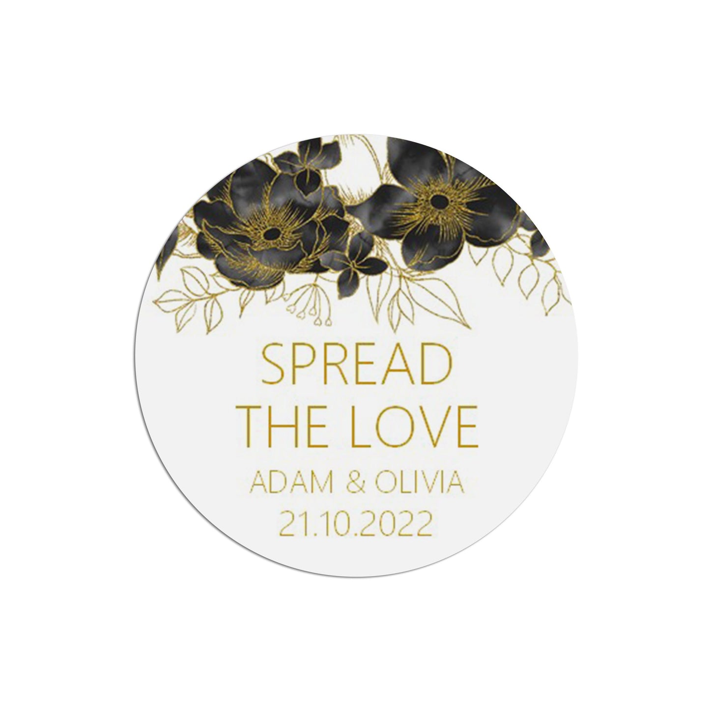 Spread The Love Black & Gold Stickers 37mm Round x 35 Personalised Stickers Per Sheet