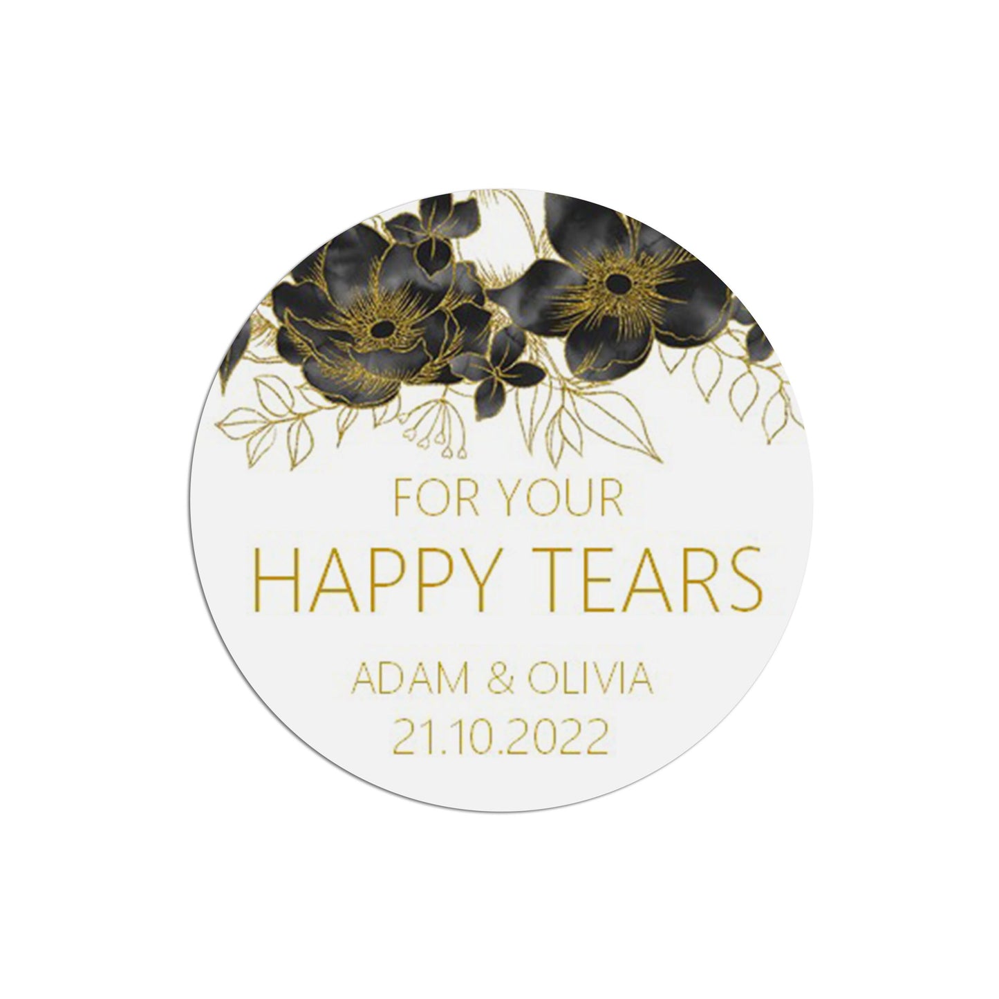 Black & Gold Happy Tears Stickers 37mm Round x 35 Personalised Stickers Per Sheet