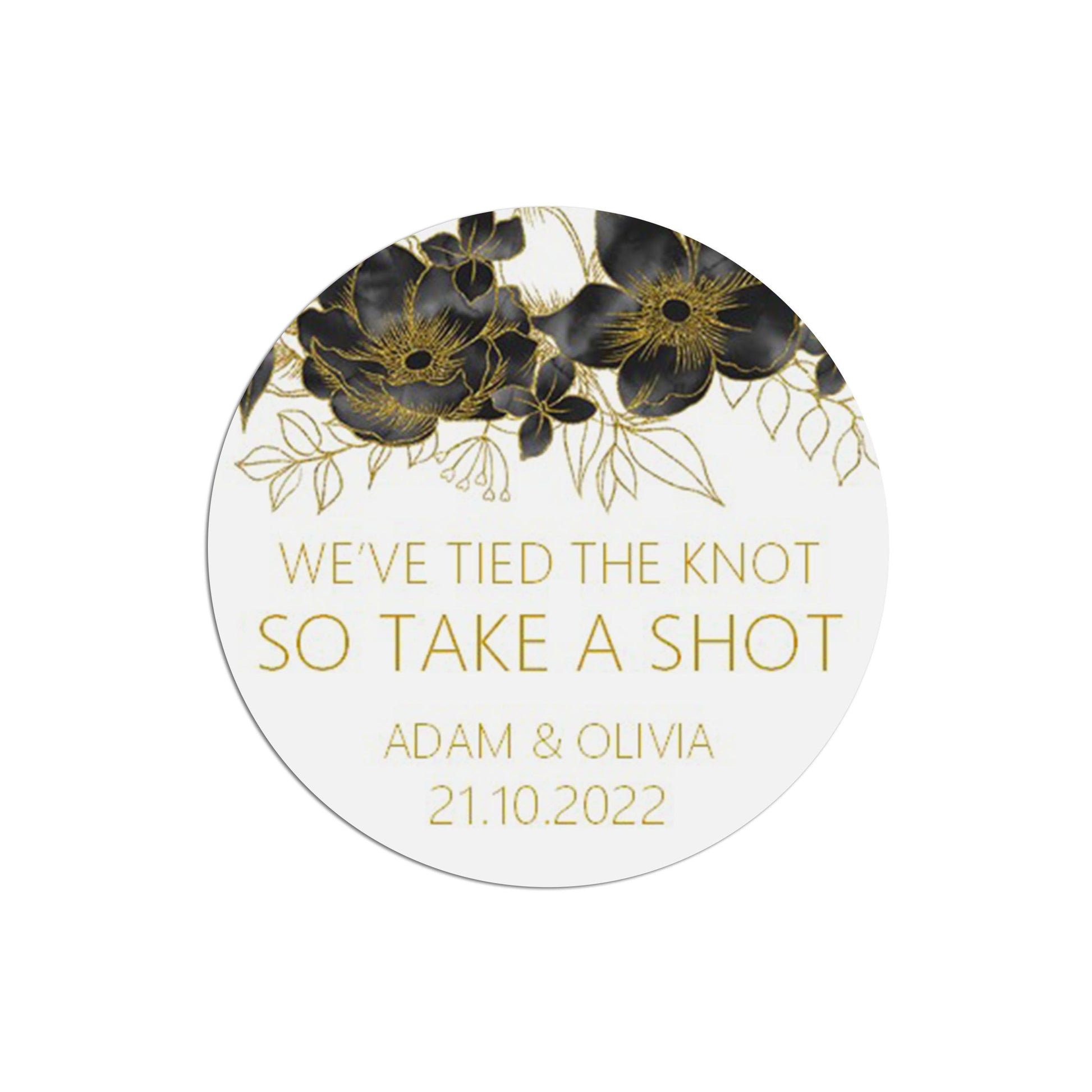 We've Tied The Knot, Take A Shot Black & Gold Stickers 37mm Round x 35 Personalised Stickers Per Sheet