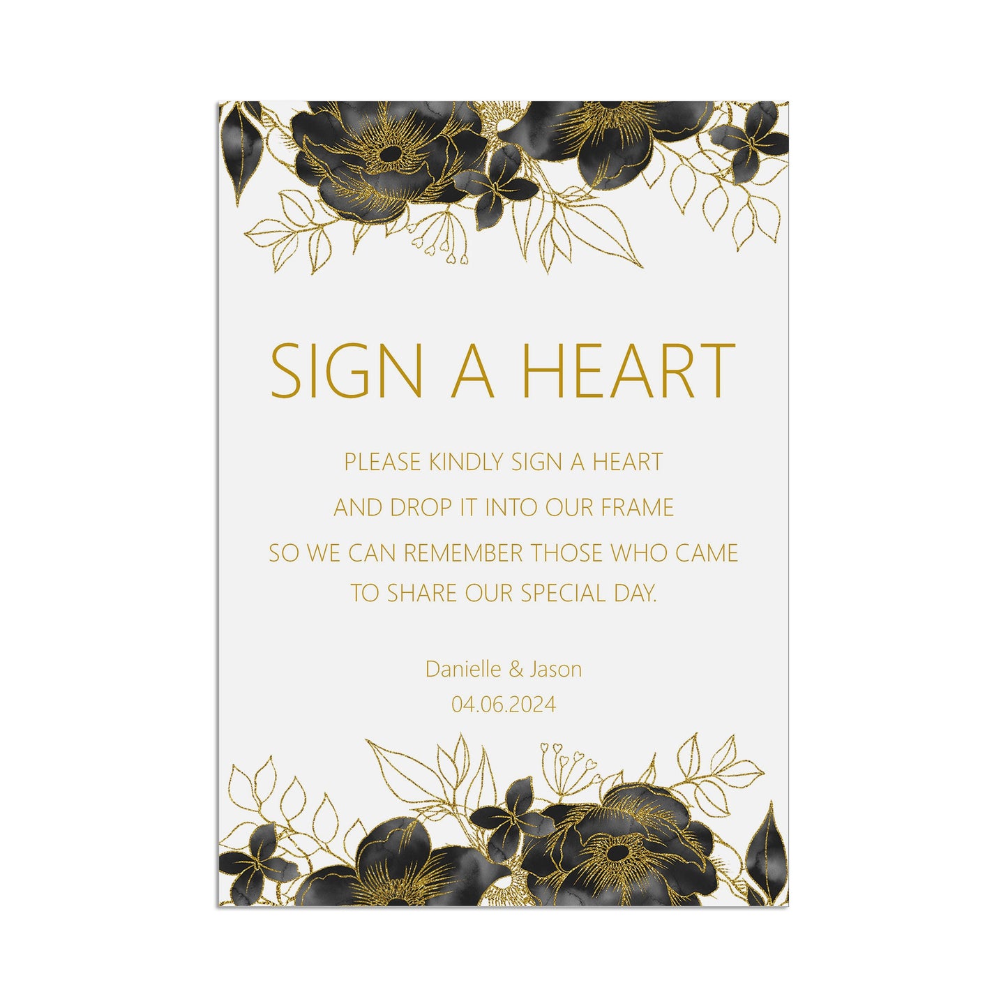 Black & Gold Sign A Heart Wedding Sign - 3 Sizes Available