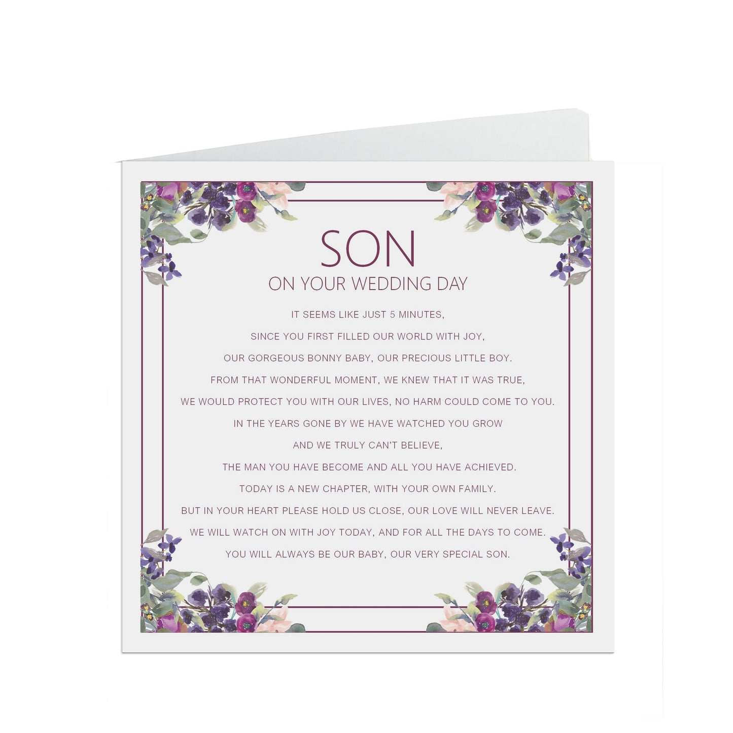 Son On Your Wedding Day Card, Purple Floral Design 6x6 Inches With A Kraft Envelope