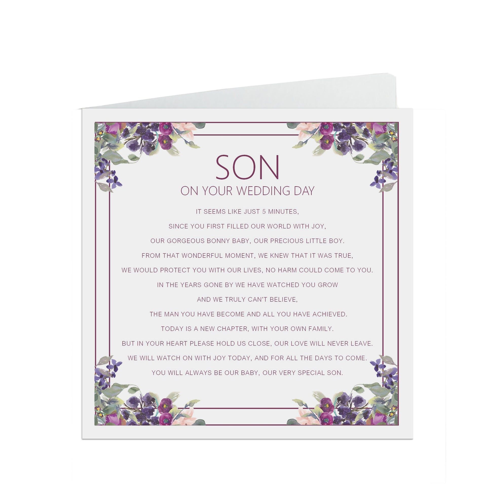 Son On Your Wedding Day Card, Purple Floral Design 6x6 Inches With A Kraft Envelope