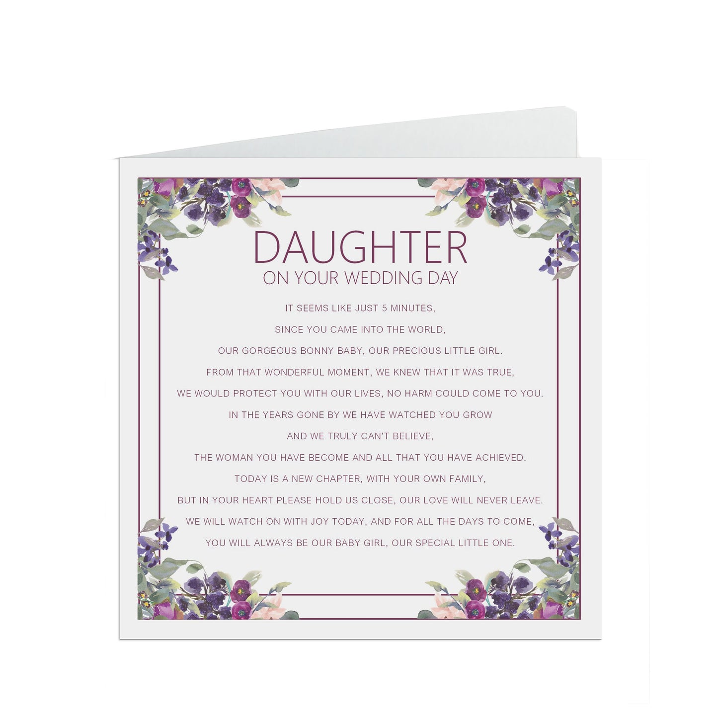 Daughter On Your Wedding Day Card, Purple Floral Design 6x6 Inches With A Kraft Envelope