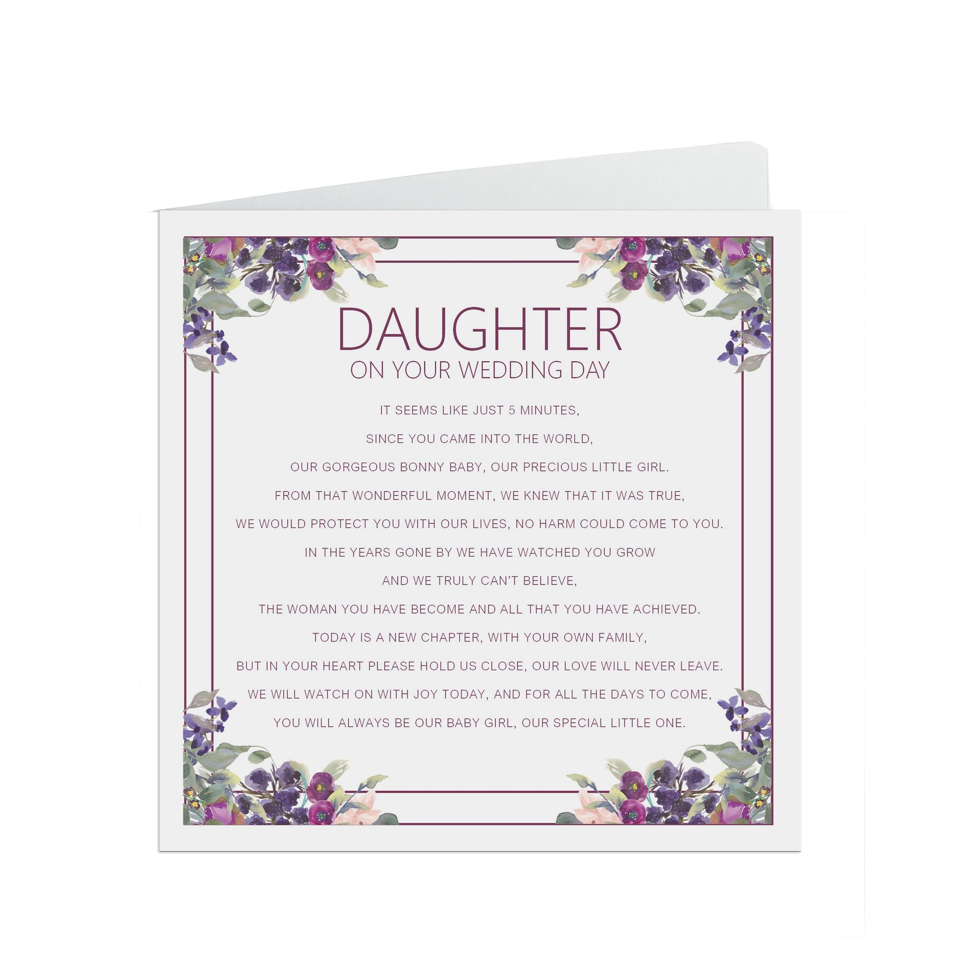 Daughter On Your Wedding Day Card, Purple Floral Design 6x6 Inches With A Kraft Envelope