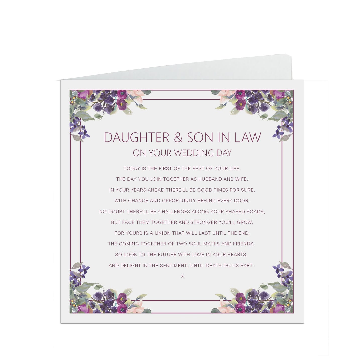 Daughter & Son In Law On Your Wedding Day Card, Purple Floral Design 6x6 Inches With A Kraft Envelope