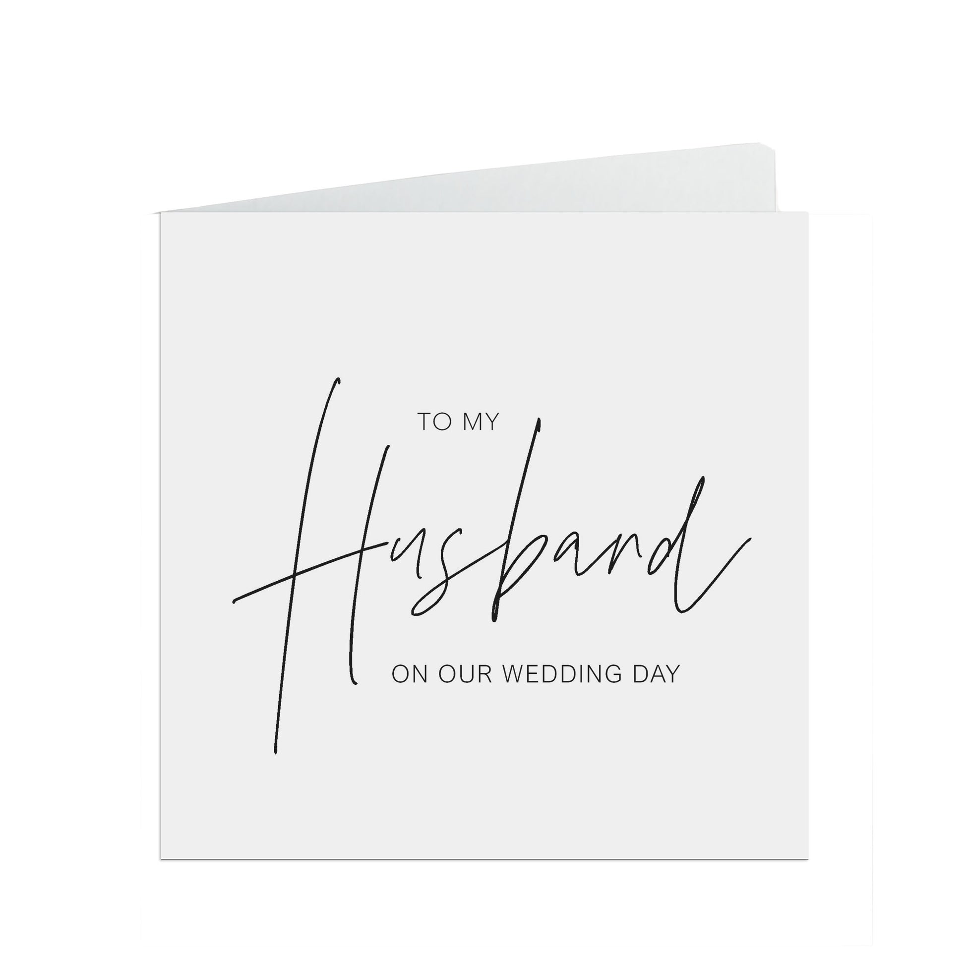 My Husband On Our Wedding Day Card, Elegant Black & White Design, 6x6 Inches In Size With A White Envelope.
