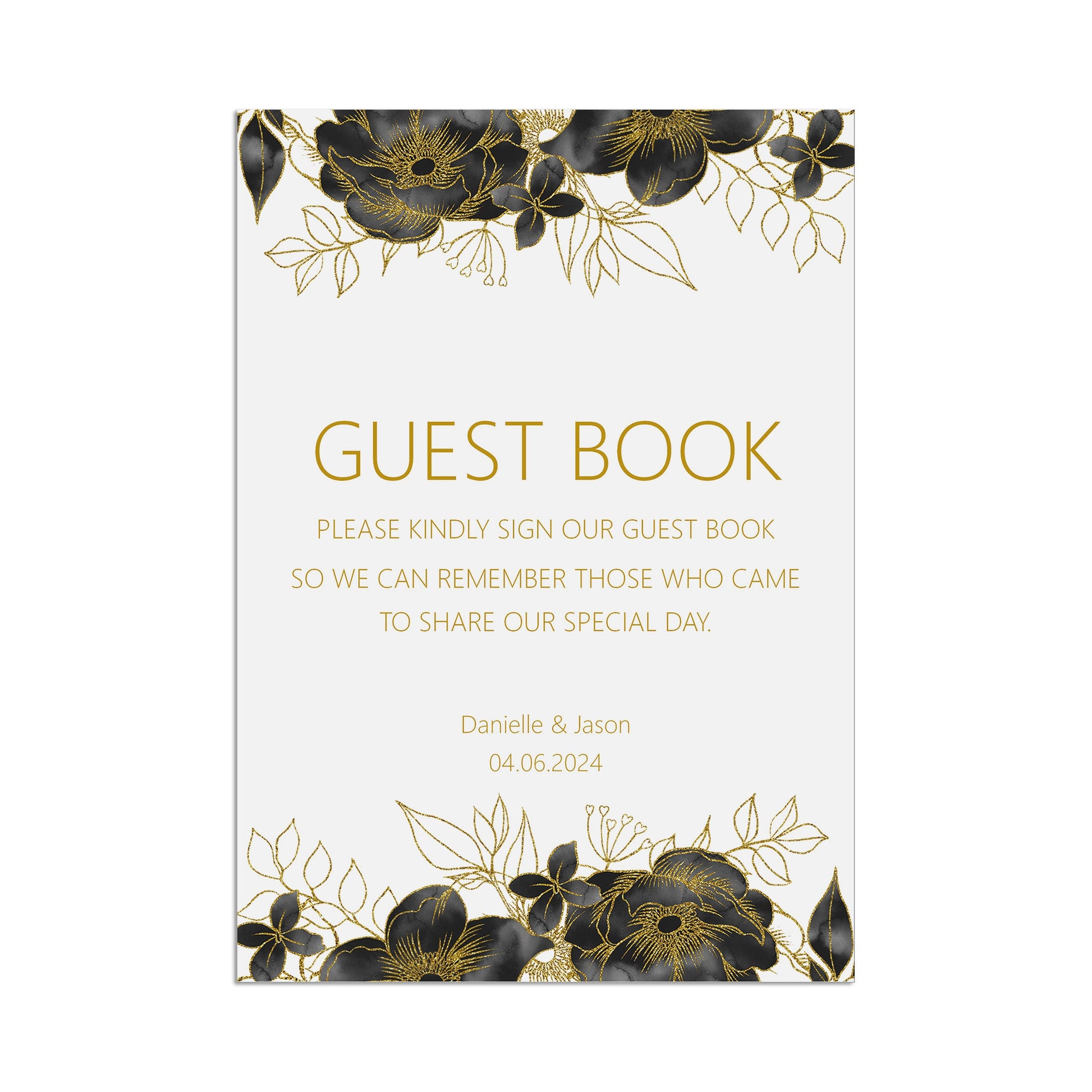 Wedding Sign - Guest Book , Black & Gold Personalised Printed Sign In Sizes A5, A4 or A3