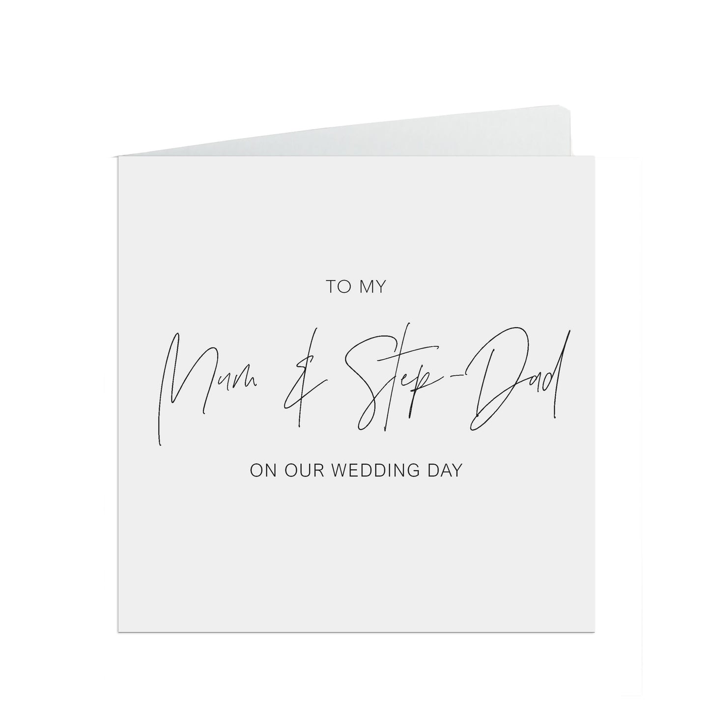 Mum And Step Dad On Our Wedding day card, Elegant Black & White Design,6x6 Inches In Size With A White Envelope