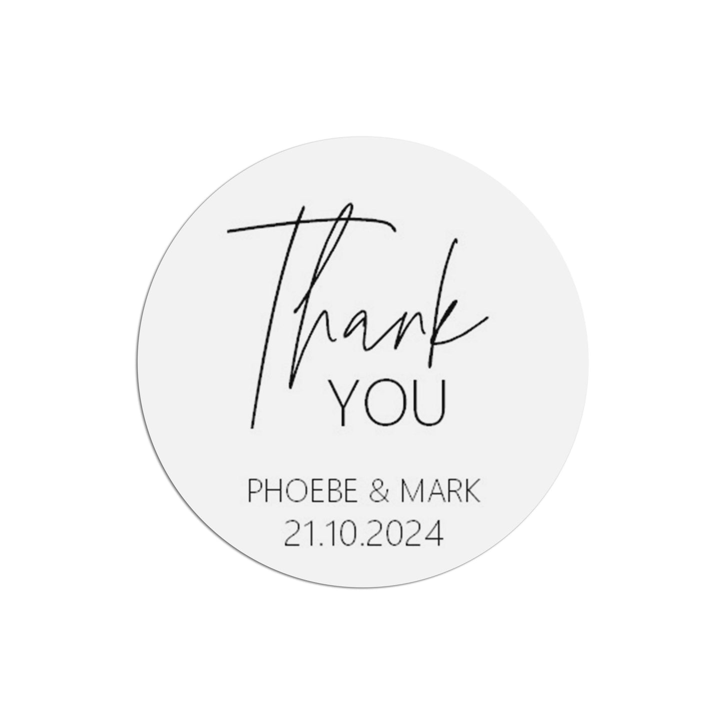 Thank You Wedding Stickers, Black & White 37mm Round With Personalisation At The Bottom x 35 Stickers Per Sheet