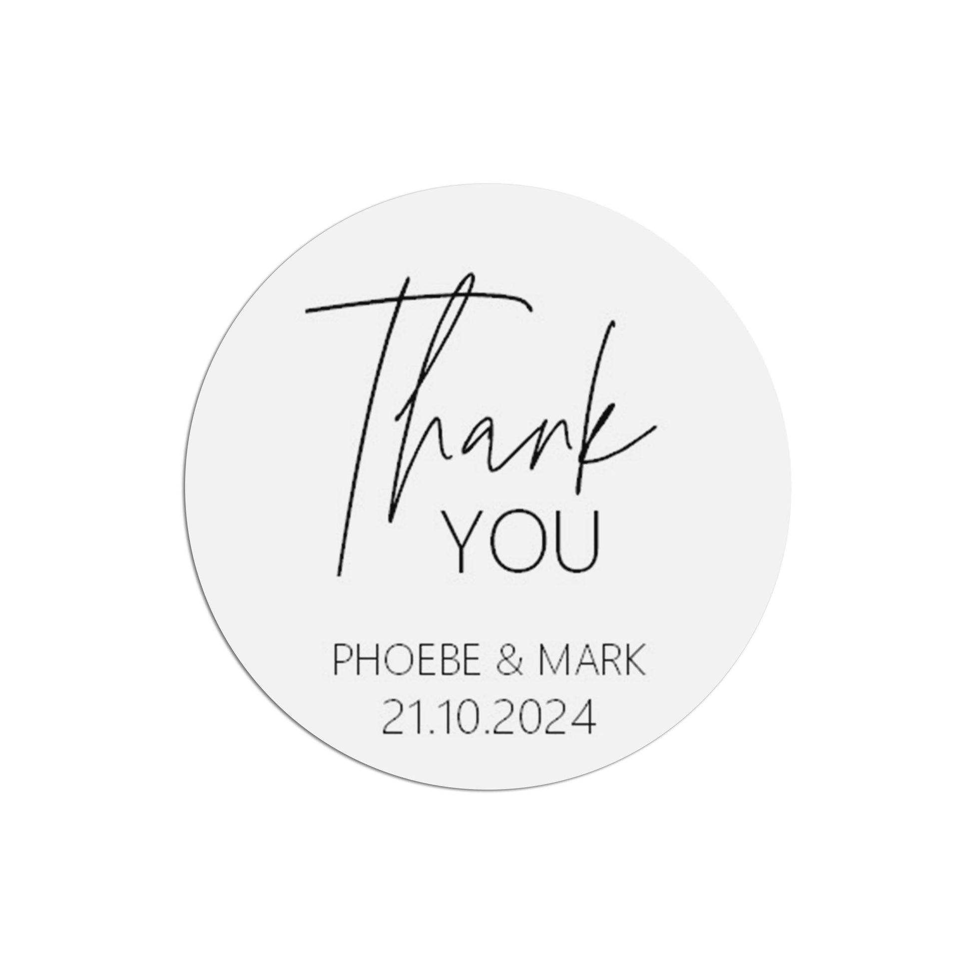 Thank You Wedding Stickers, Black & White 37mm Round With Personalisation At The Bottom x 35 Stickers Per Sheet