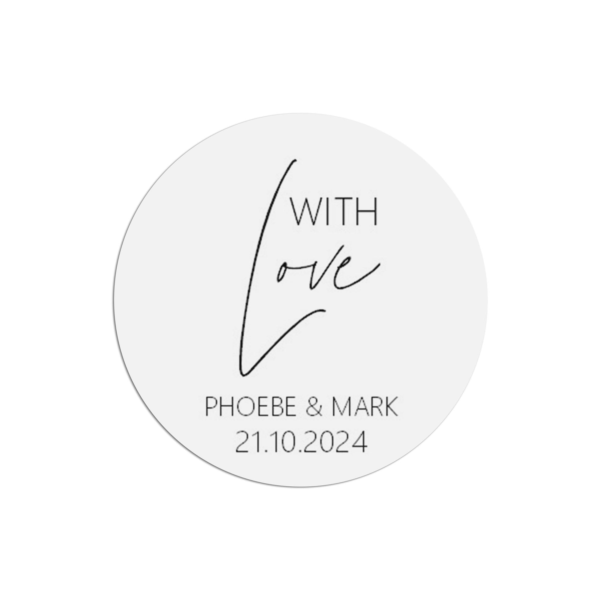 With Love Wedding Sticker, Black & White 37mm Round With Personalisation At The Bottom x 35 Stickers Per Sheet