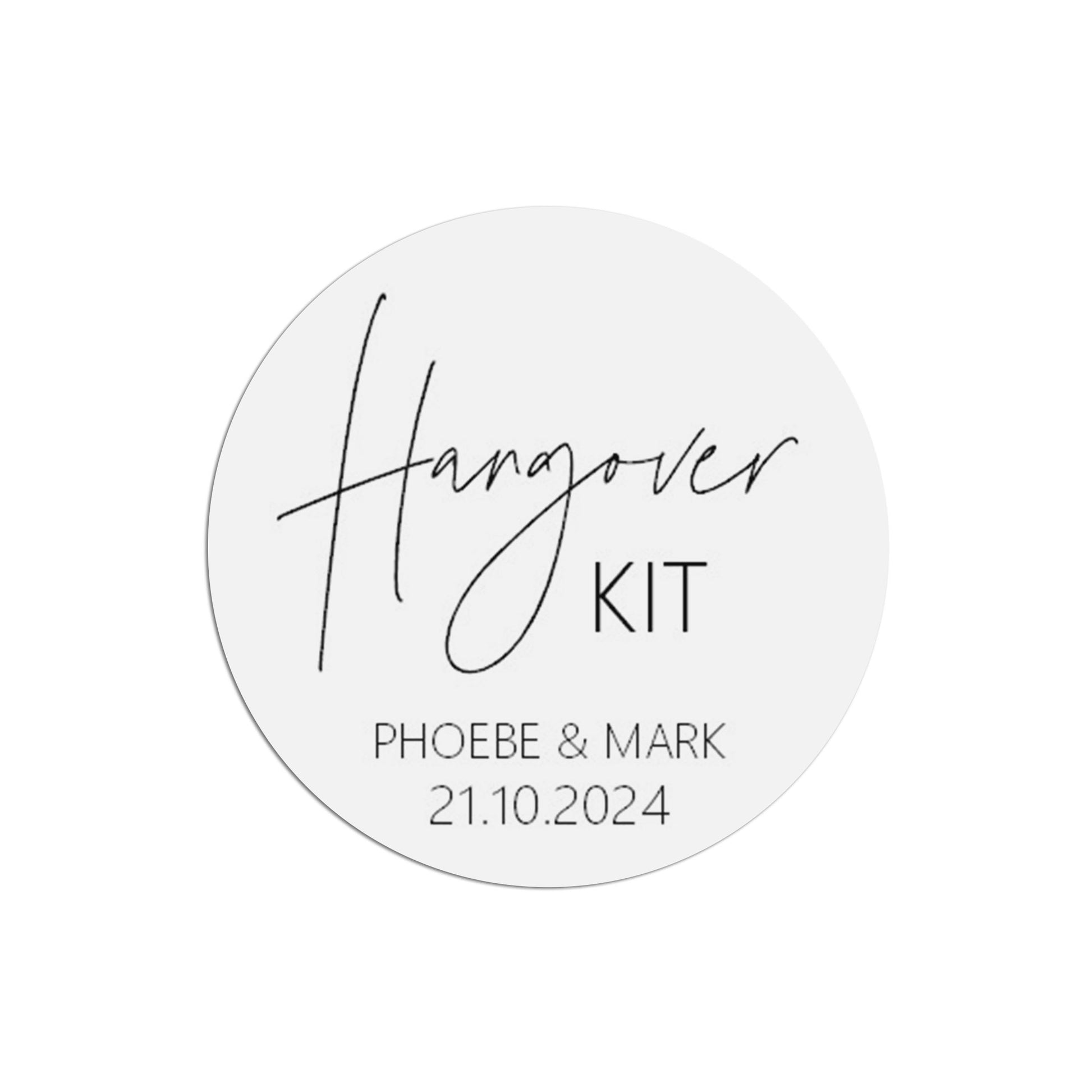 Hangover Kit Wedding Sticker, Black & White 37mm Round With Personalisation At The Bottom x 35 Stickers Per Sheet