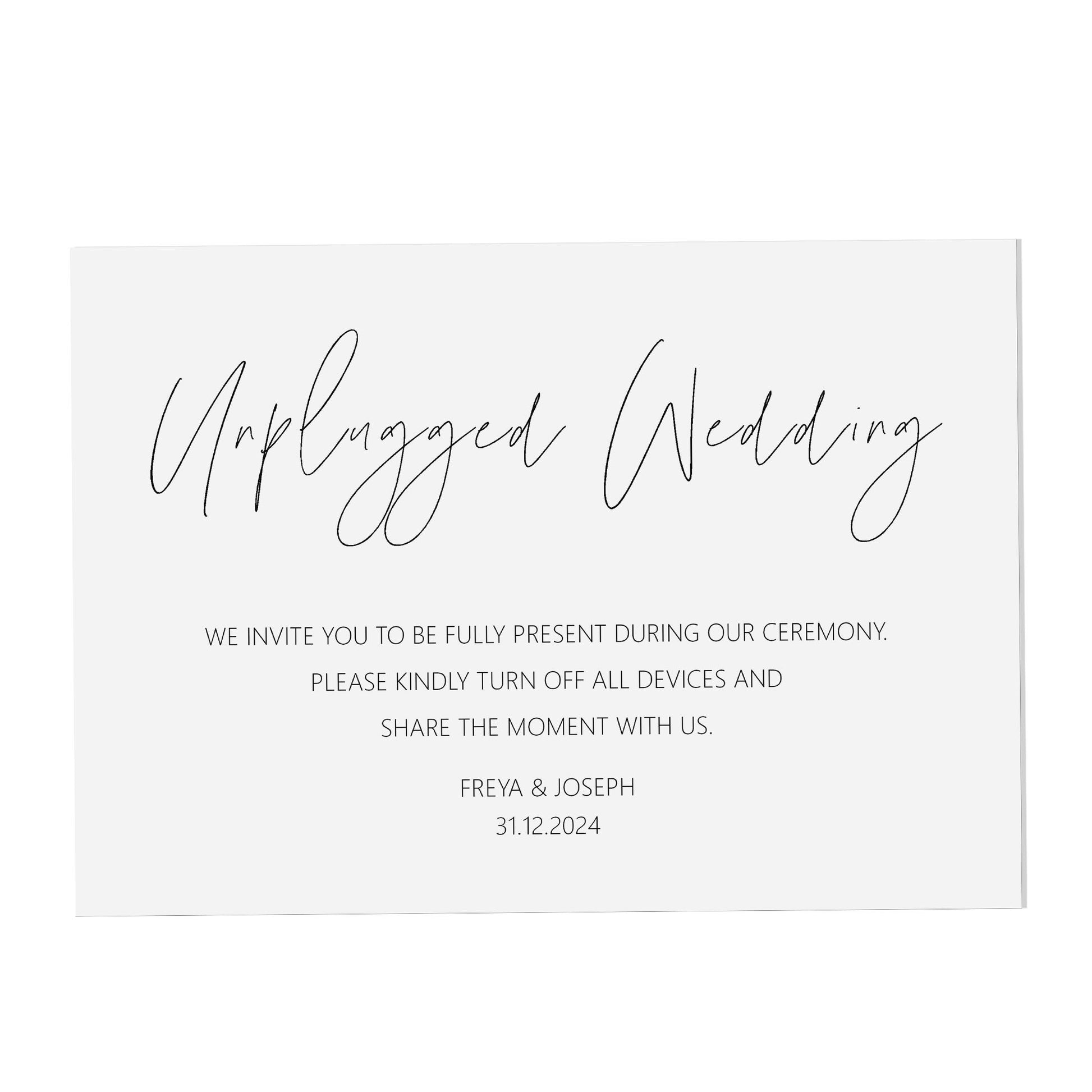 Unplugged Wedding Ceremony Sign, Personalised Black & White A5, A4 Or A3 Sign