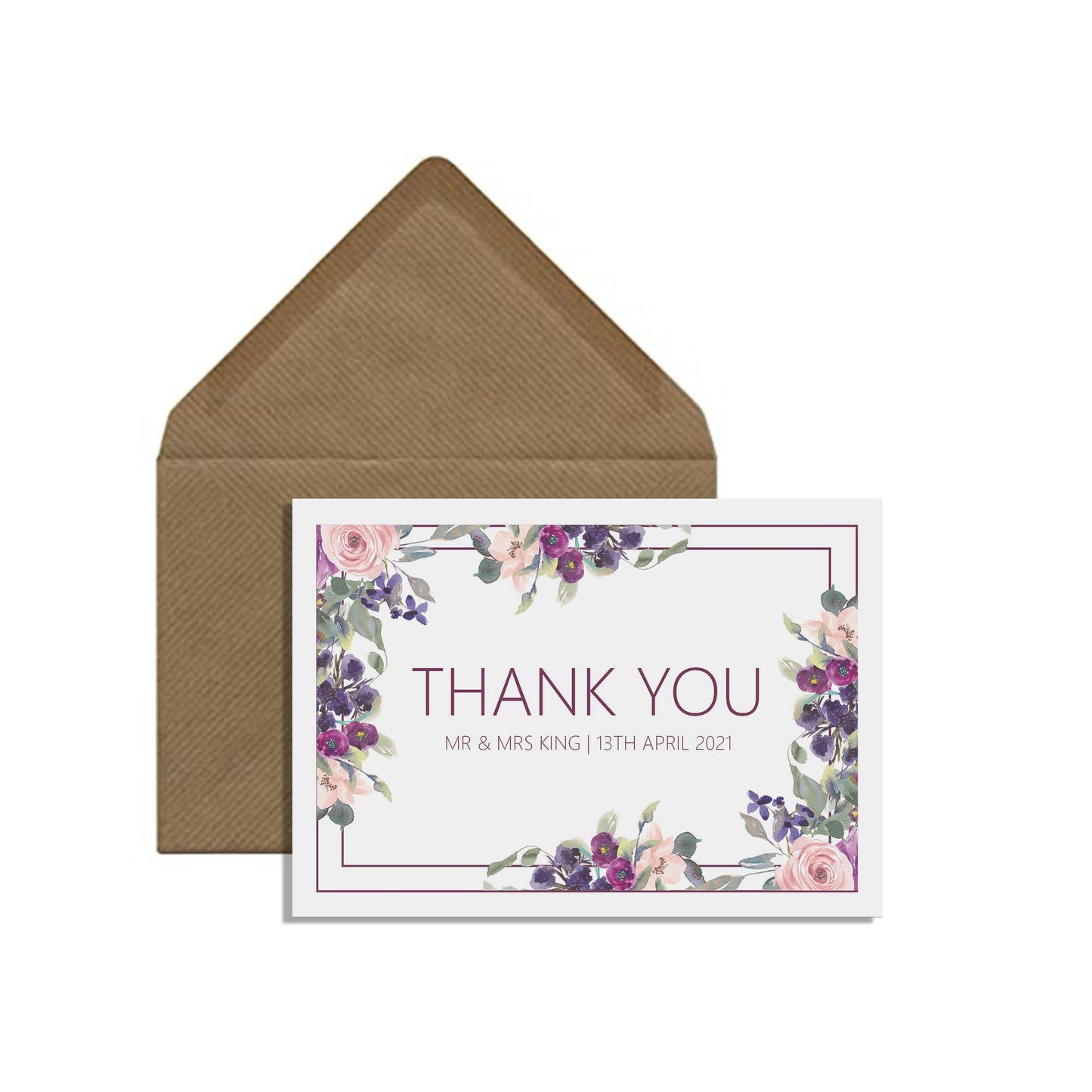 Personalised Thank You Cards, Purple Floral A6 With Kraft Envelope, Pack of 10