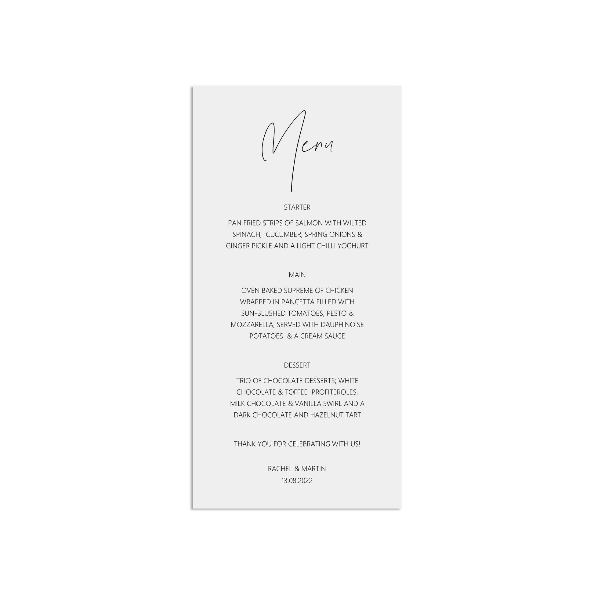 Wedding Menu, Personalised Printed Black & White DL Menus