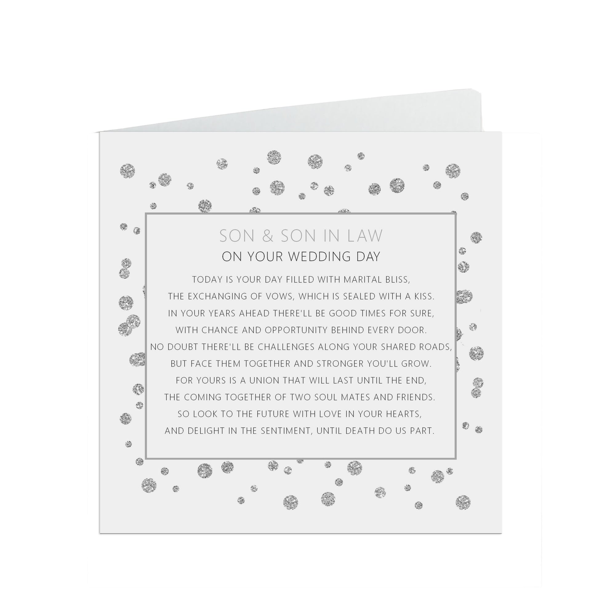 Son & Son In Law On Your Wedding Day Card, Silver Effect 6x6 Inches With A White Envelope