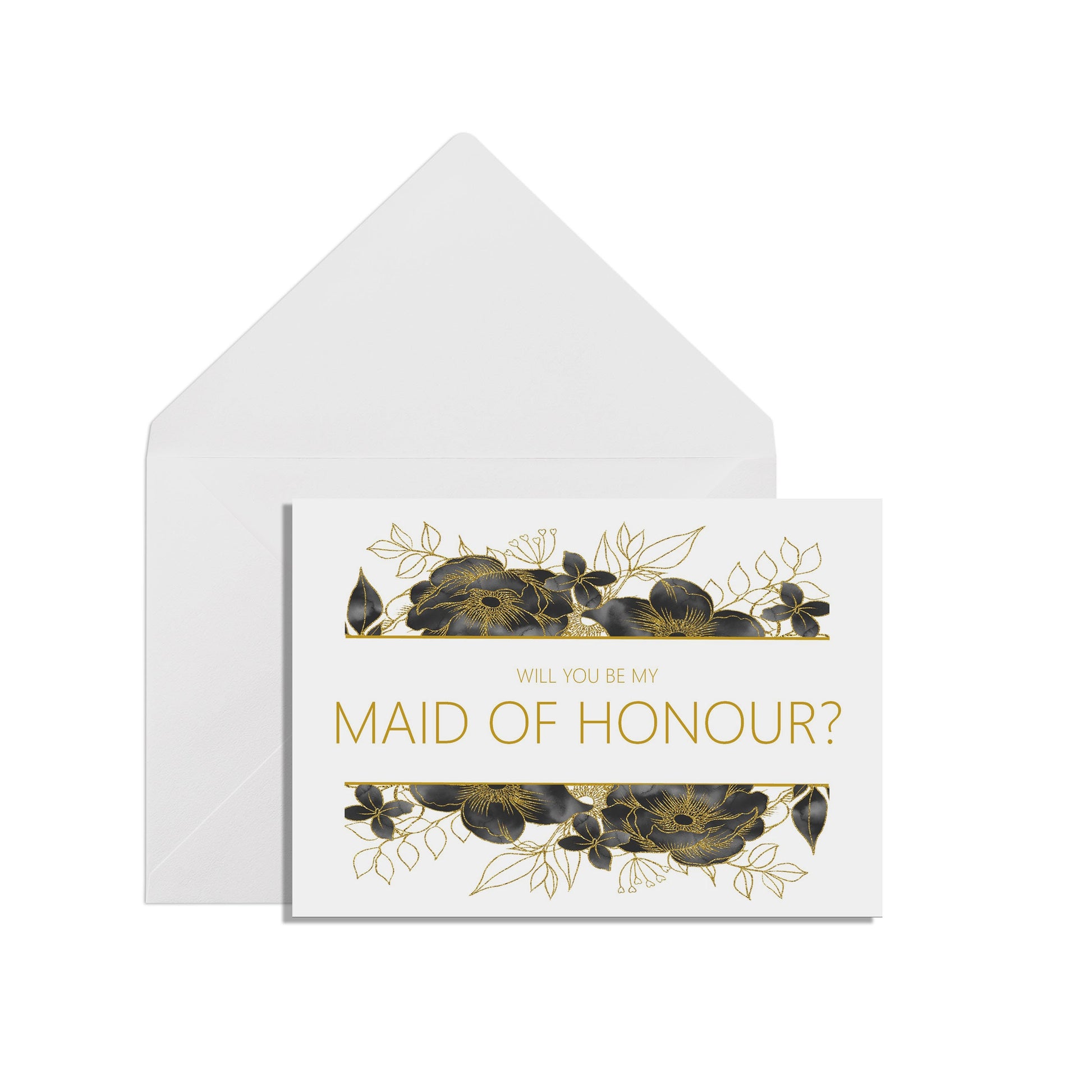 Will You Be My Maid Of Honour? A6 Black & Gold Floral Wedding Proposal Card With A White Envelope