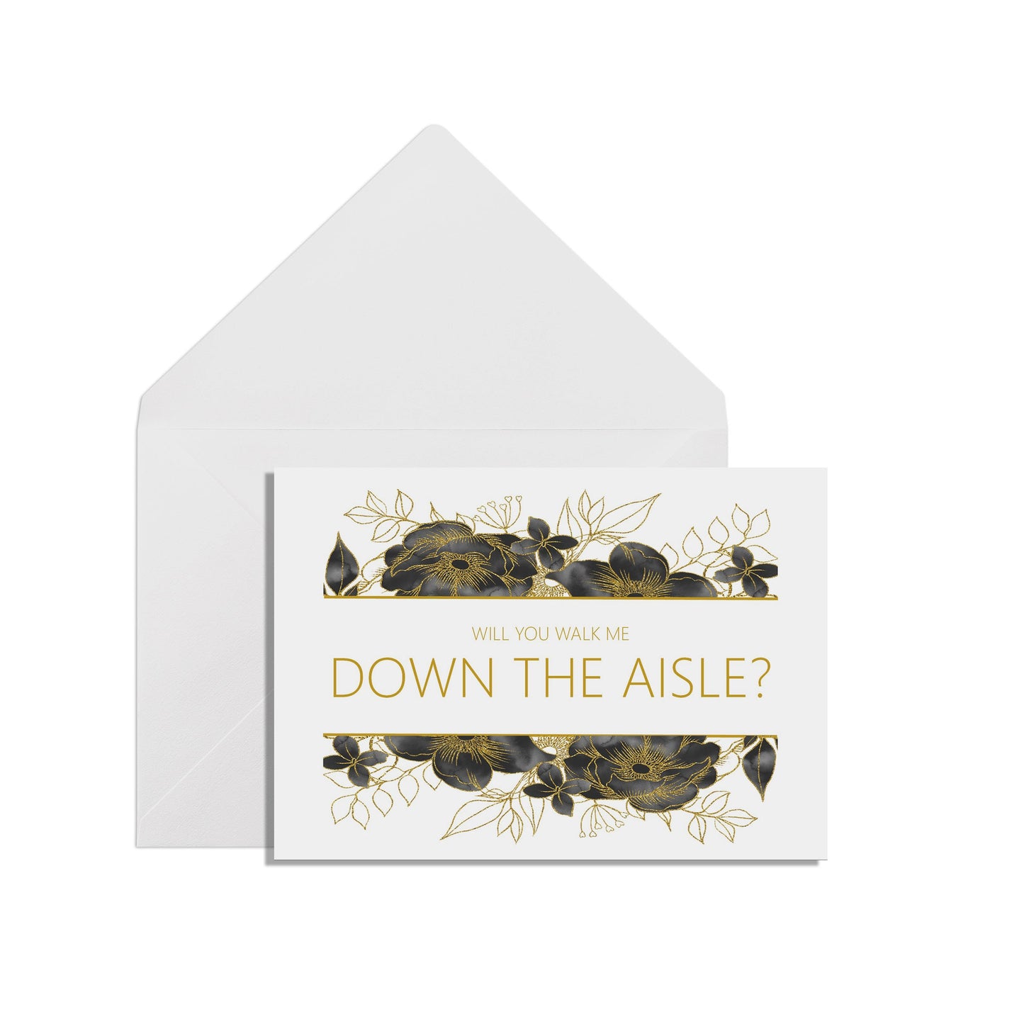 Will You Walk Me Down The Aisle? A6 Black & Gold Floral Wedding Proposal Card With A White Envelope