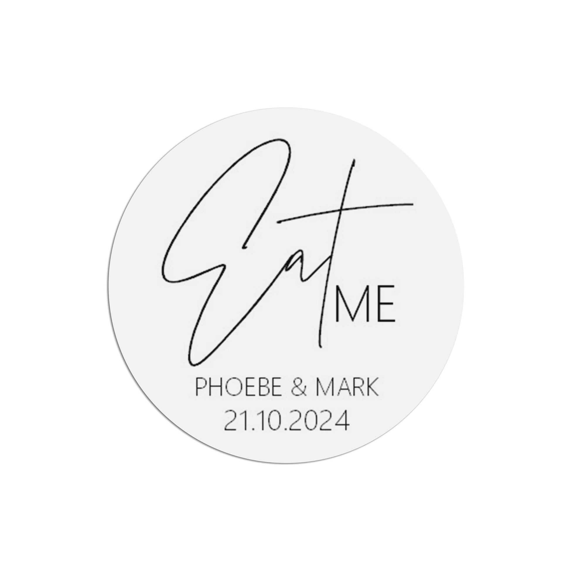 Eat Me Wedding Sticker, Black & White 37mm Round With Personalisation At The Bottom x 35 Stickers Per Sheet