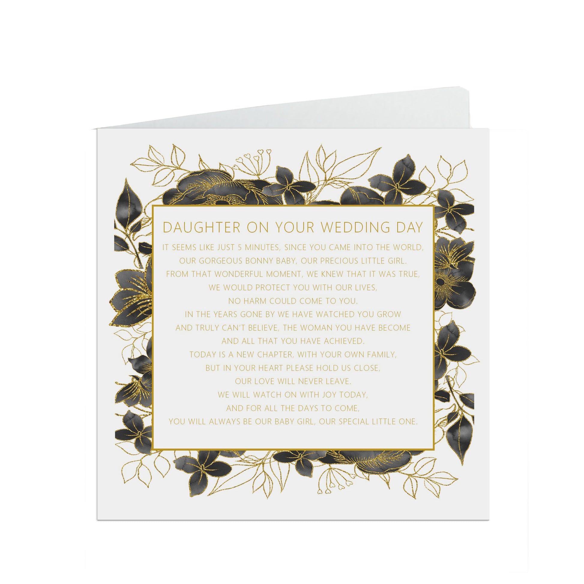 Daughter On Your Wedding Day Card, Black & Gold Floral 6x6 Inches With A White Envelope