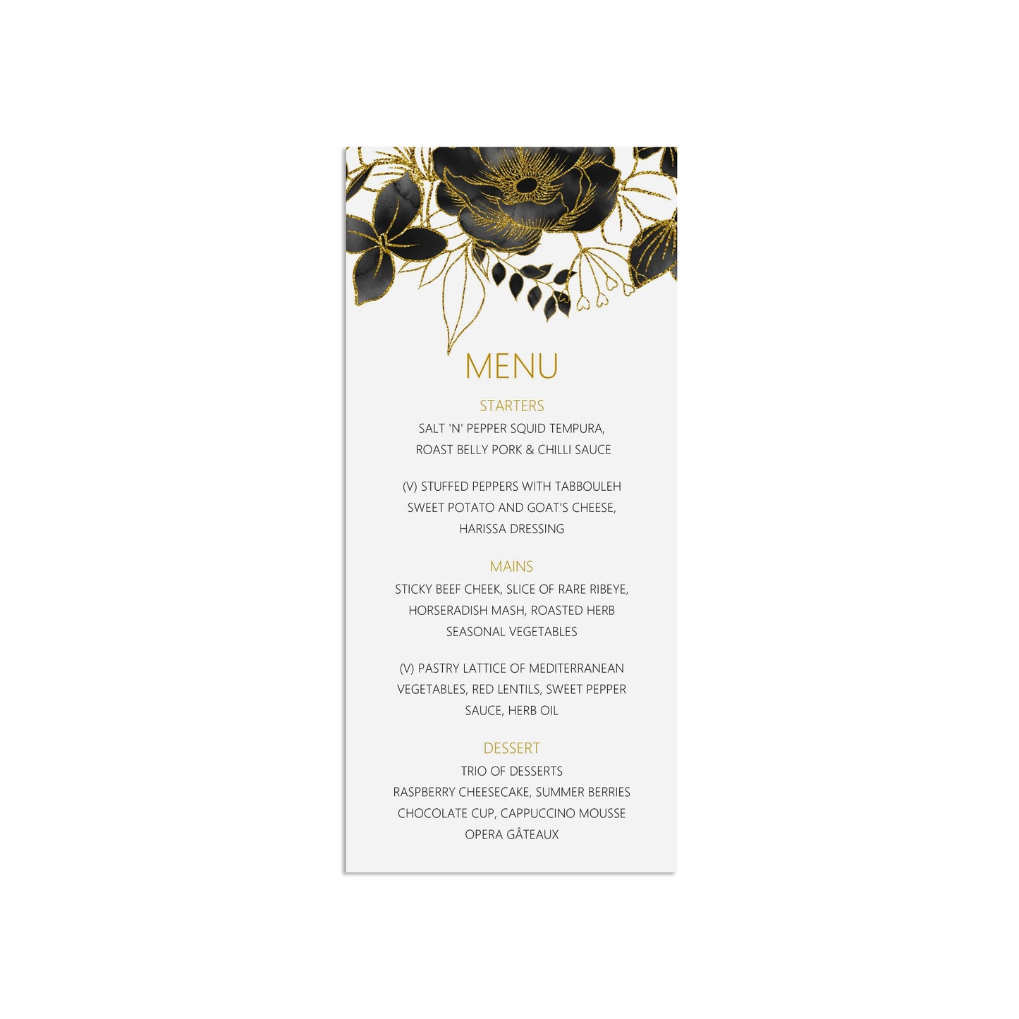 Printed Menu, Personalised Black & Gold Floral Wedding Breakfast Menu Cards