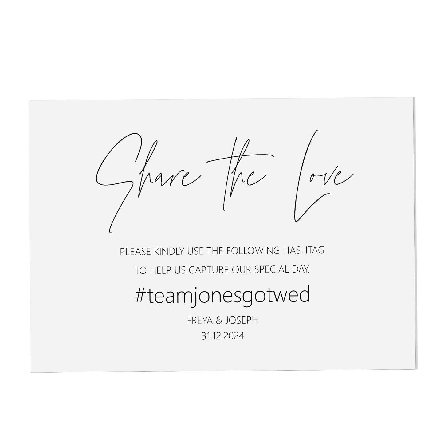 Hashtag Share the Love Wedding Sign, Personalised Black & White A5, A4 Or A3 Sign