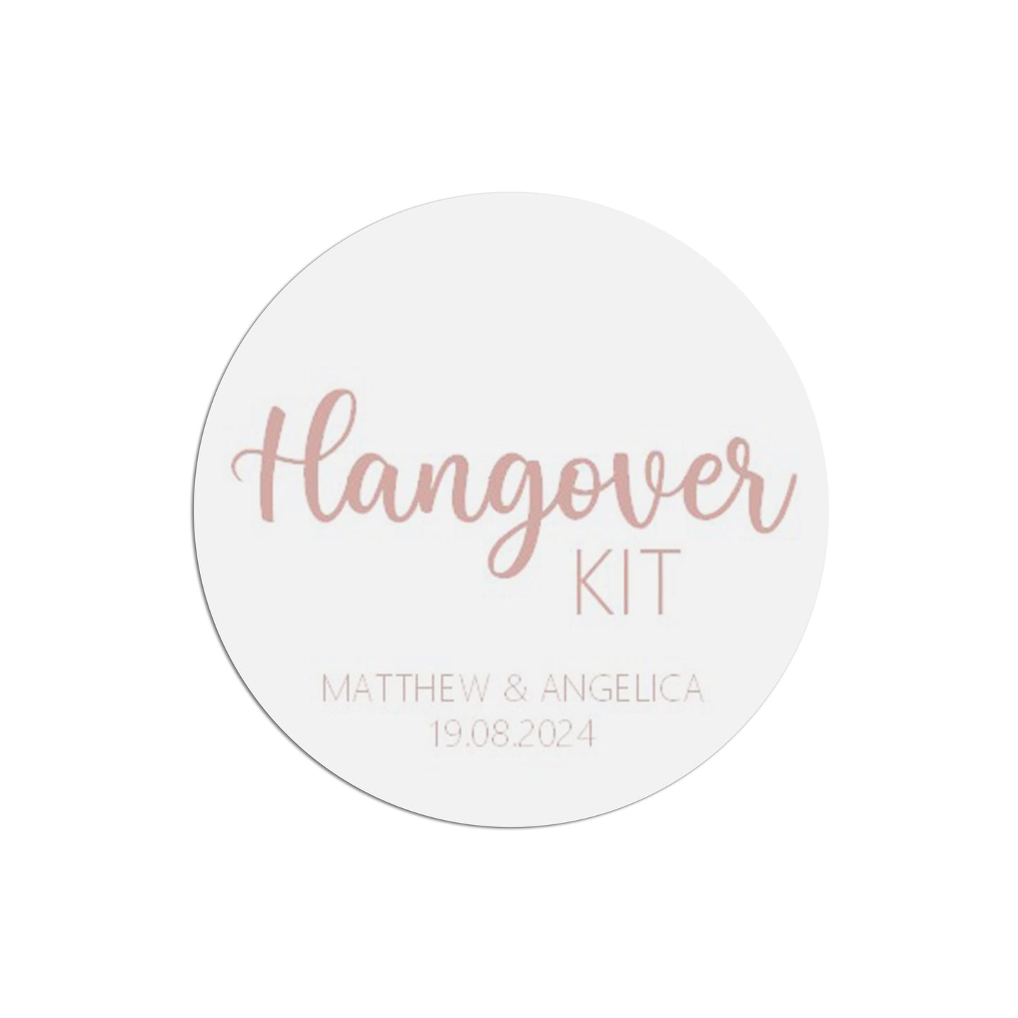 Hangover Kit Wedding Sticker, Rose Gold Effect 37mm Round With Personalisation At The Bottom x 35 Stickers Per Sheet