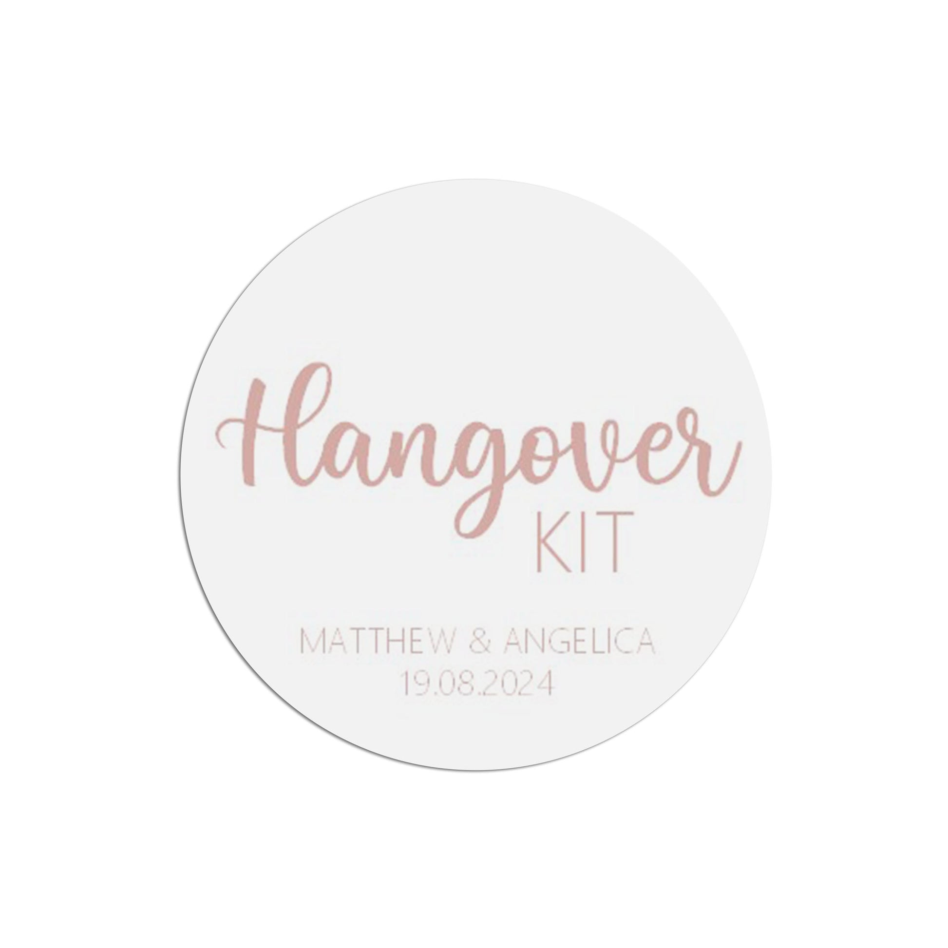 Hangover Kit Wedding Sticker, Rose Gold Effect 37mm Round With Personalisation At The Bottom x 35 Stickers Per Sheet