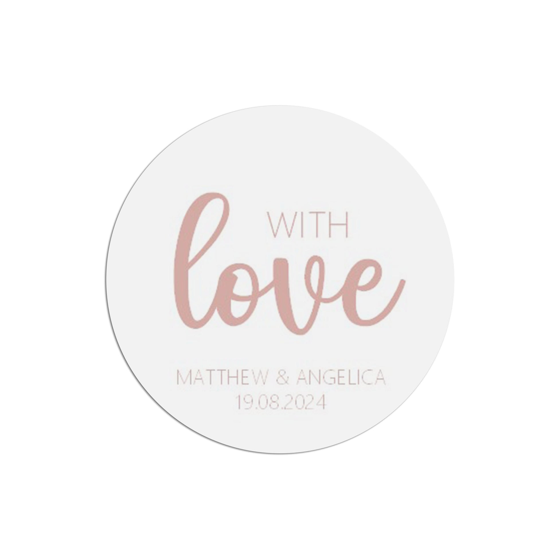 With Love Wedding Sticker, Rose Gold Effect 37mm Round With Personalisation At The Bottom x 35 Stickers Per Sheet