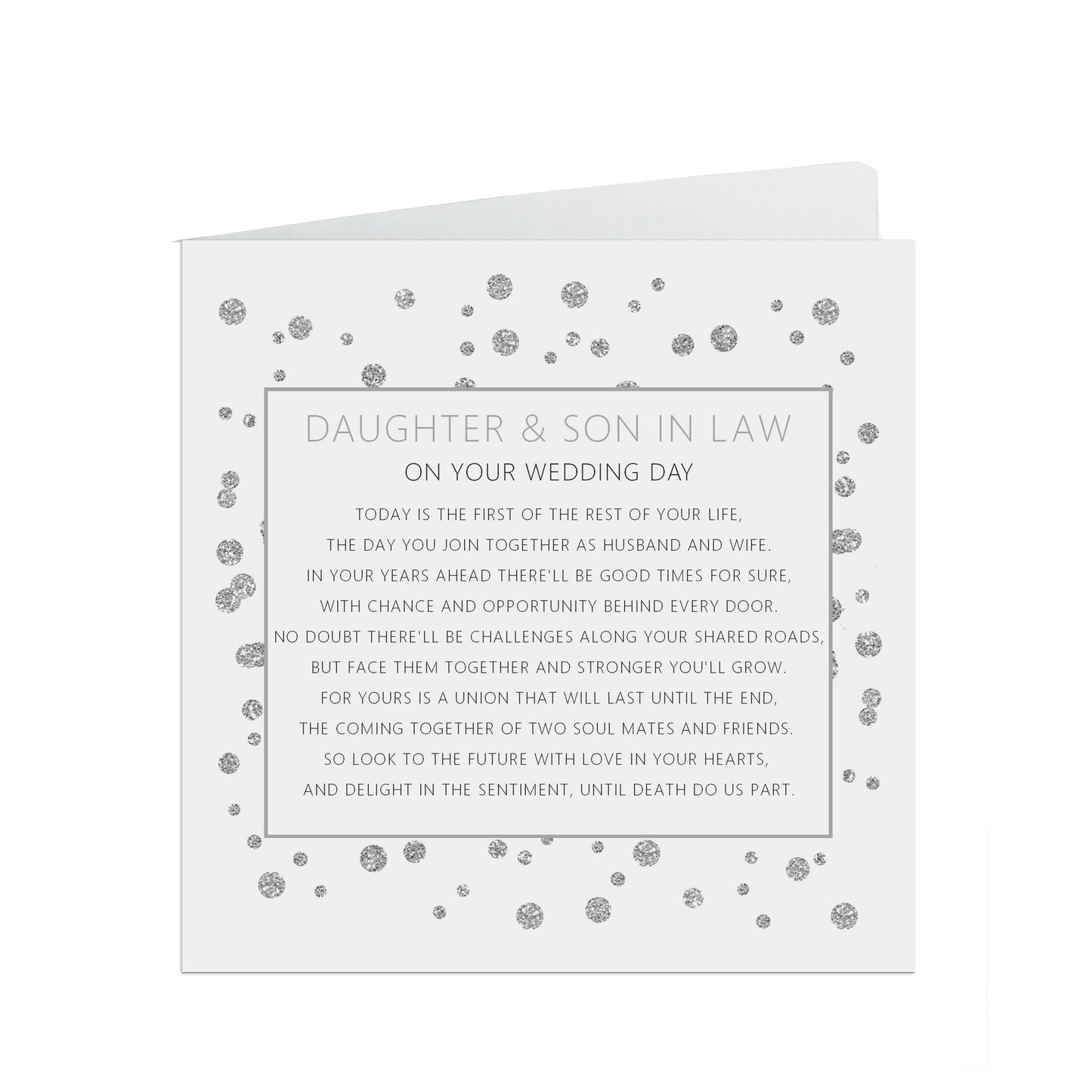 Daughter & Son In Law On Your Wedding Day Card, Silver Effect 6x6 Inches With A White Envelope
